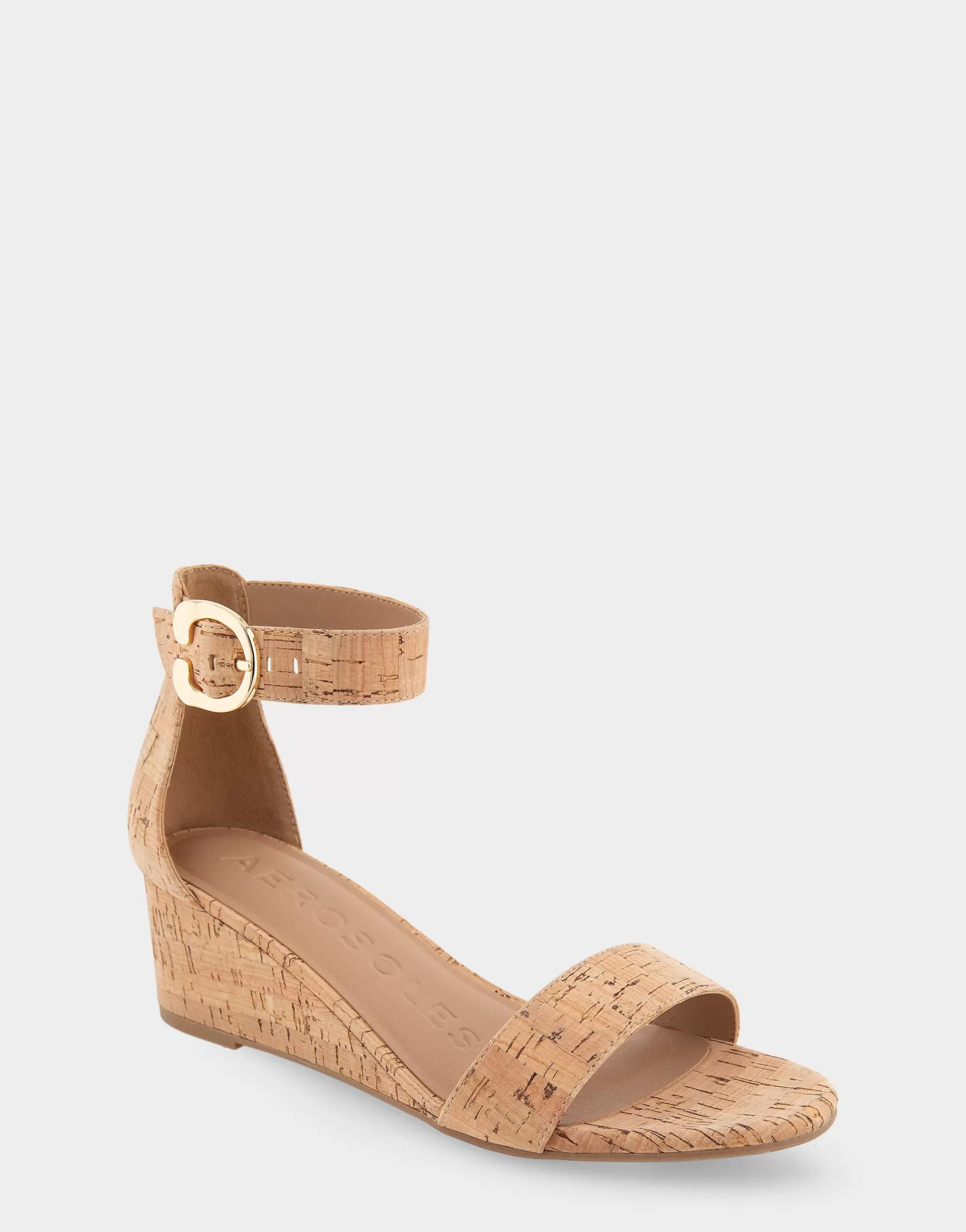Aerosoles Wide Width Sandals | Dress*Comfortable Women's Ankle Strap Mid Wedge Sandal in Cork Faux Leather Cork