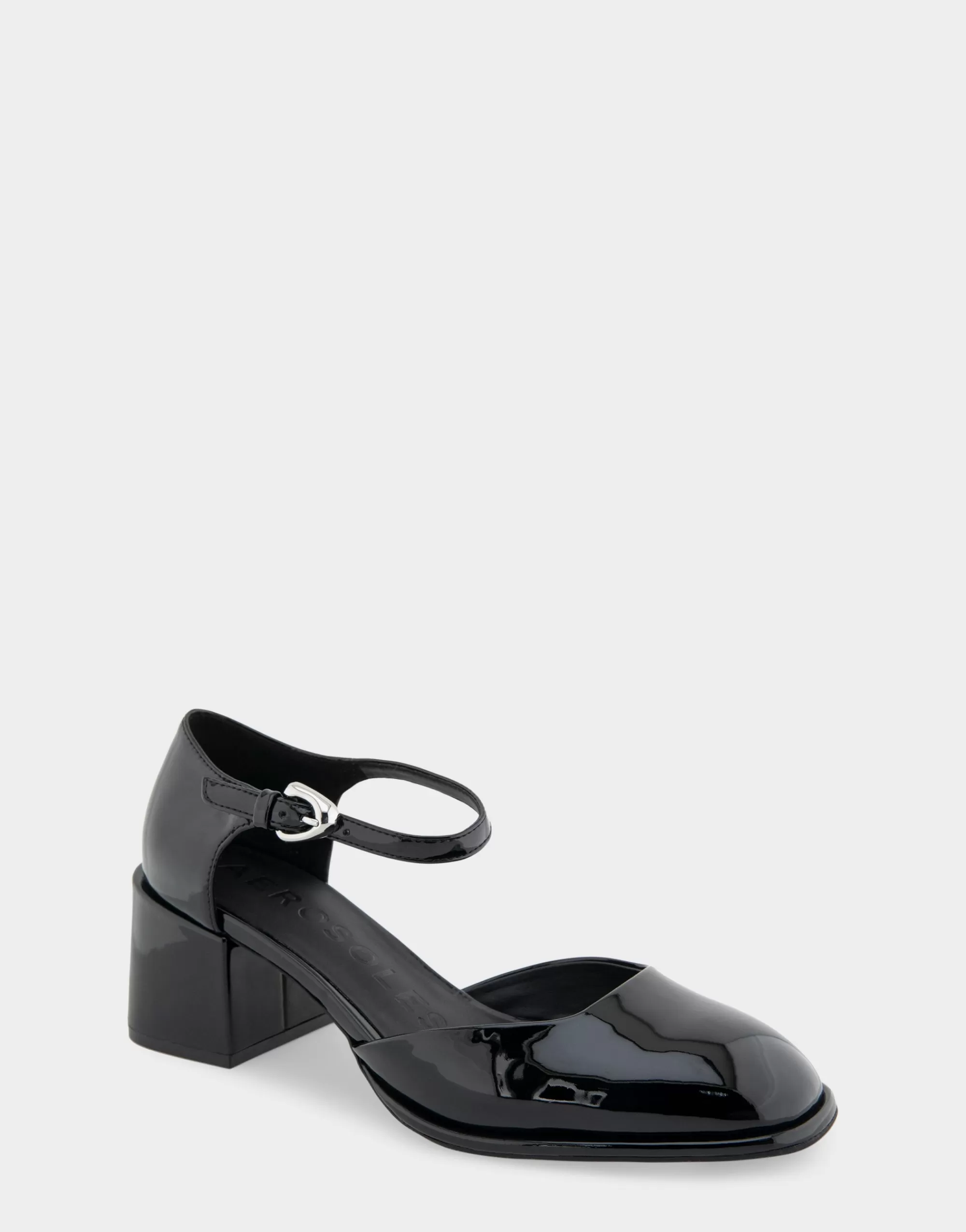 Aerosoles Pumps*Comfortable Women's Ankle Strap Two Piece Block Heel Pump in Black Patent Faux Leather Patent Faux Leather