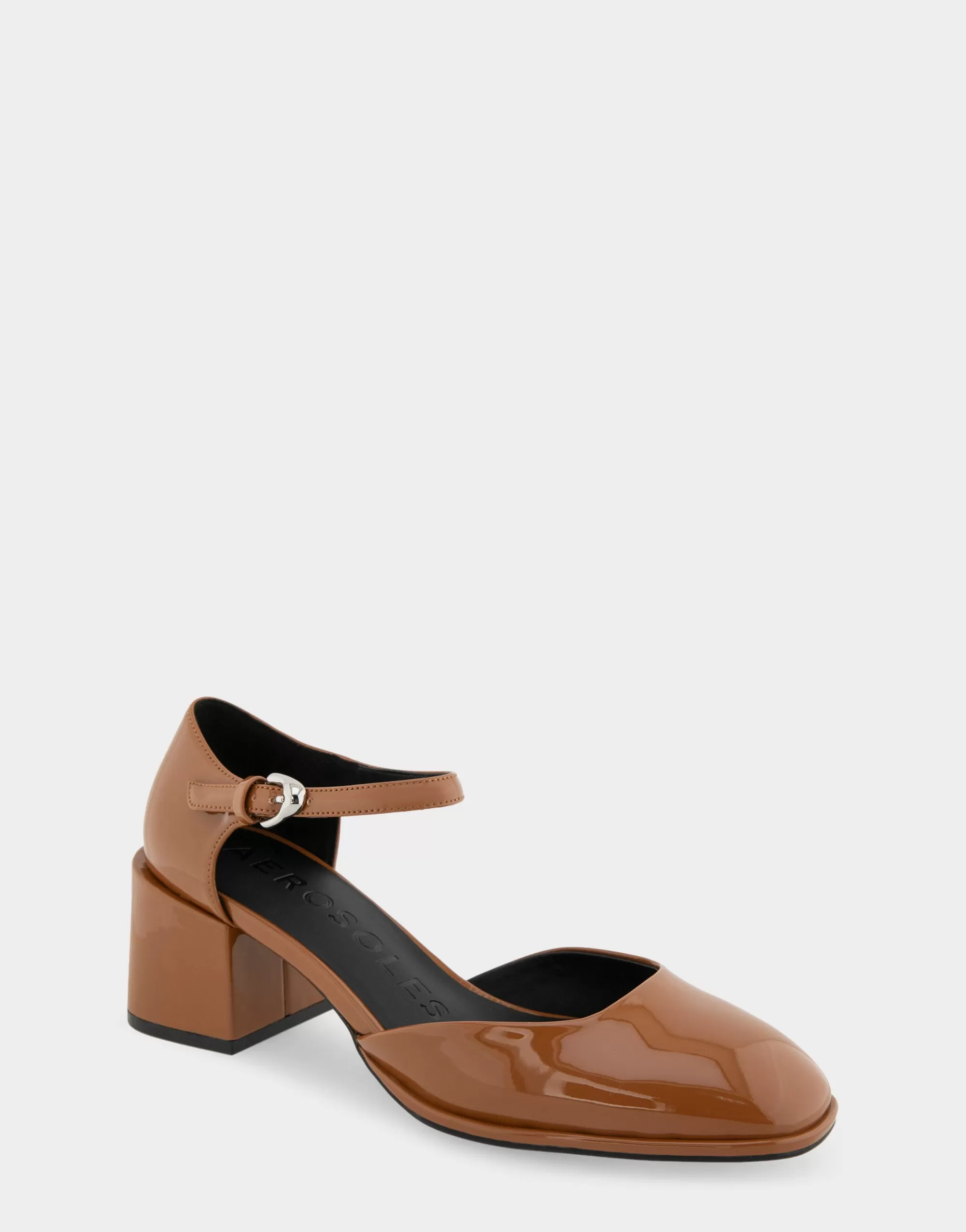 Aerosoles Pumps*Comfortable Women's Ankle Strap Two Piece Block Heel Pump in Tan Patent Faux Leather Patent Faux Leather