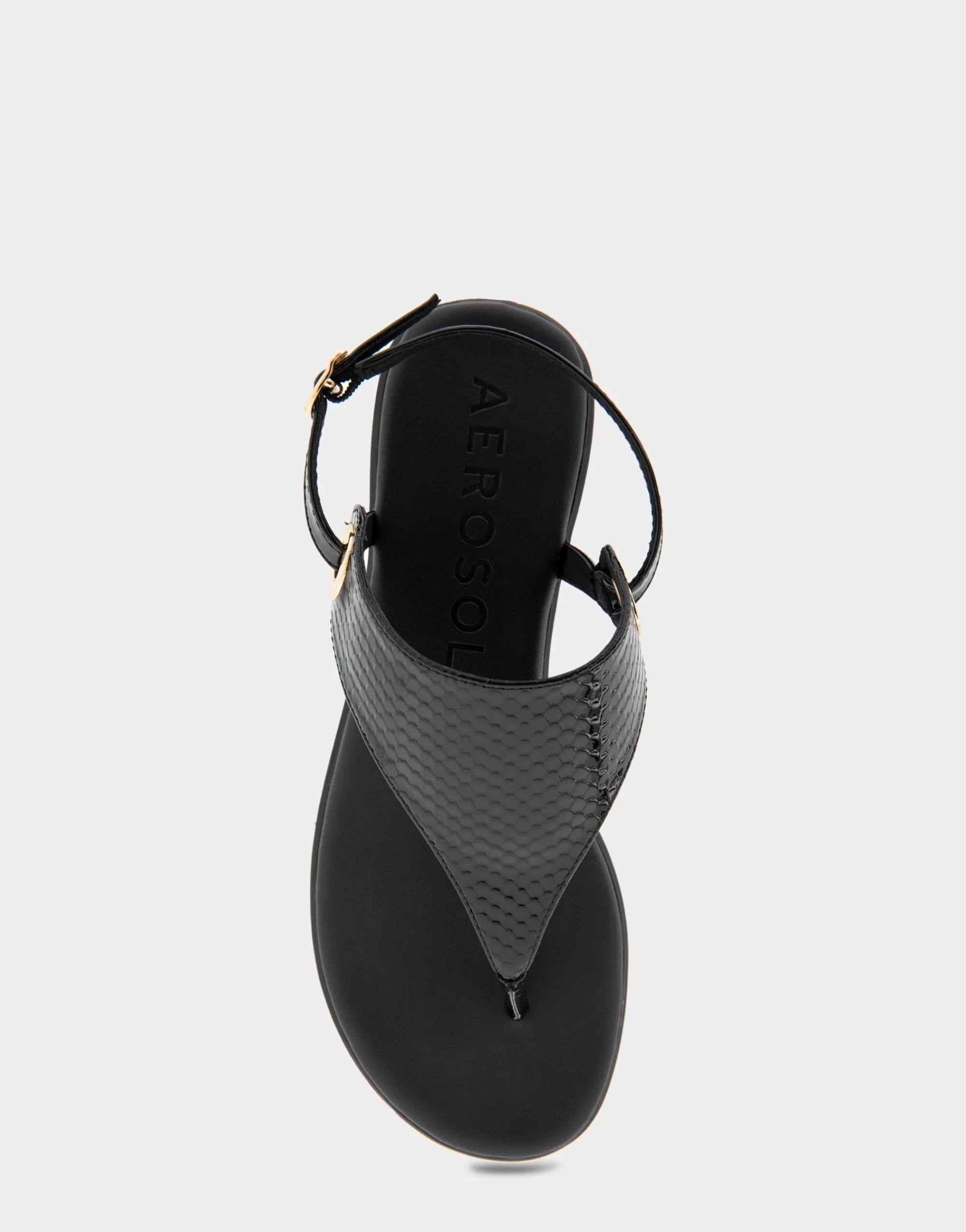 Aerosoles Wide Width Sandals | Flats*Comfortable Women's Back Strap Thong Sandal in Black Snake Patent Faux Leather