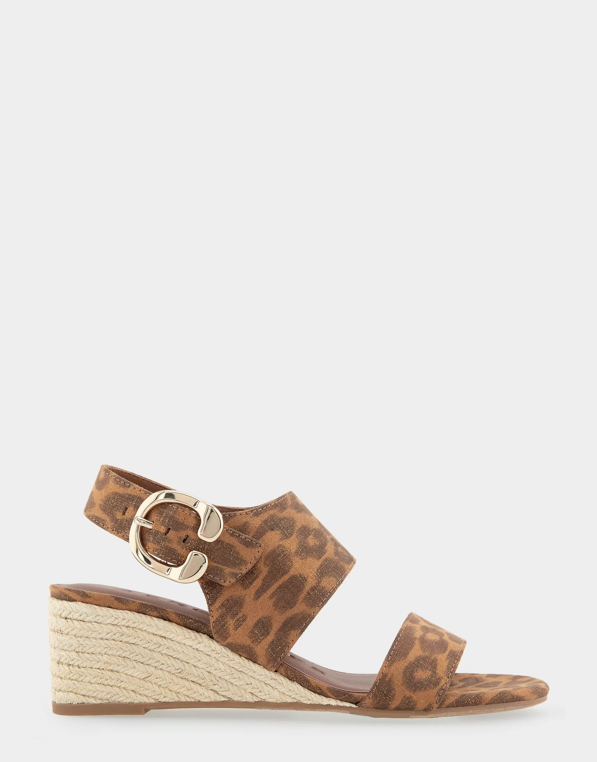 Aerosoles Wide Width Sandals | Dress*Comfortable Women's Buckle Back Mid Wedge Sandal in Leopard Metallic Faux Suede Faux Suede
