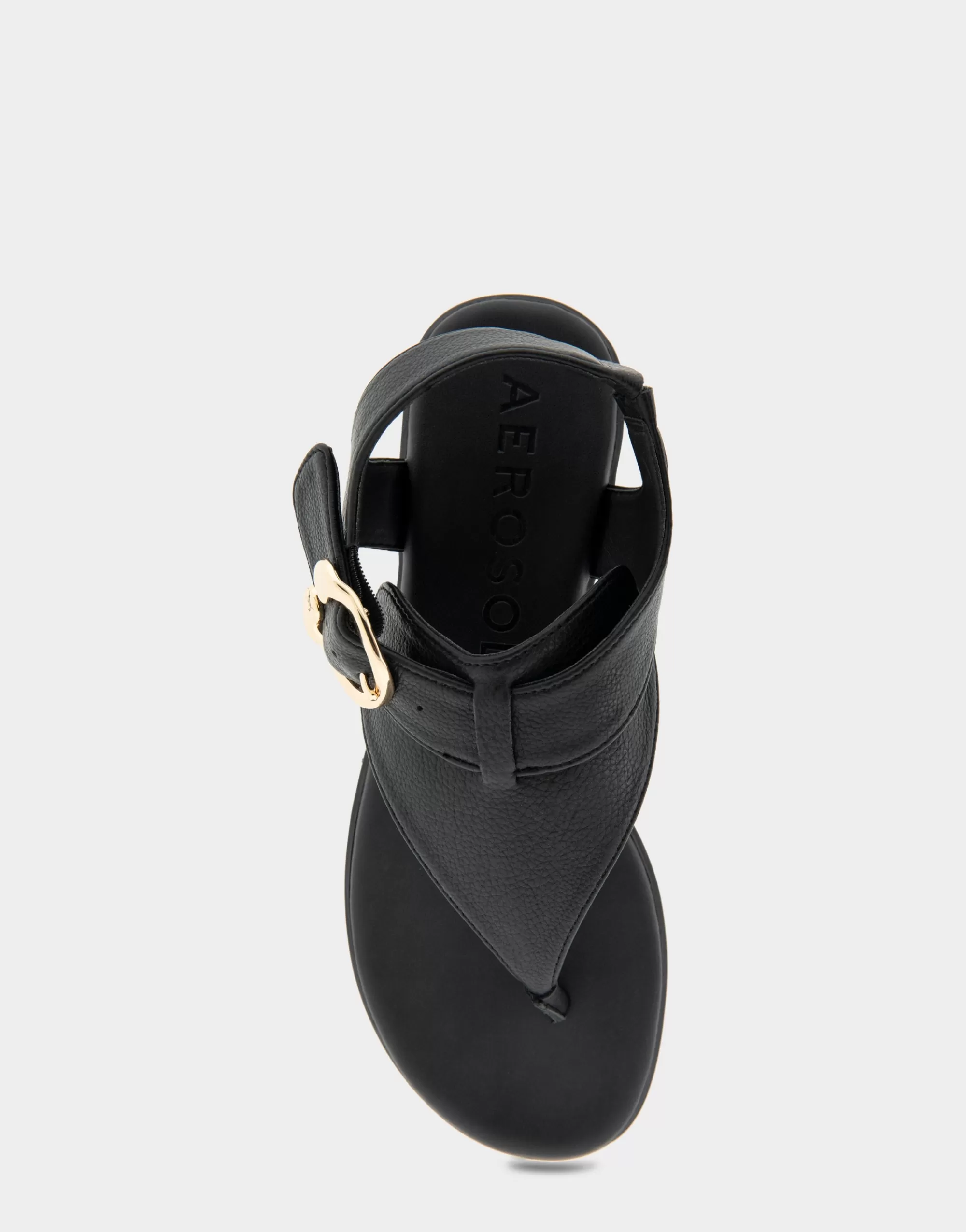 Aerosoles Wide Width Sandals | Flats*Comfortable Women's Buckle Detail Back Strap Thong Sandal in Black Grainy Faux Leather