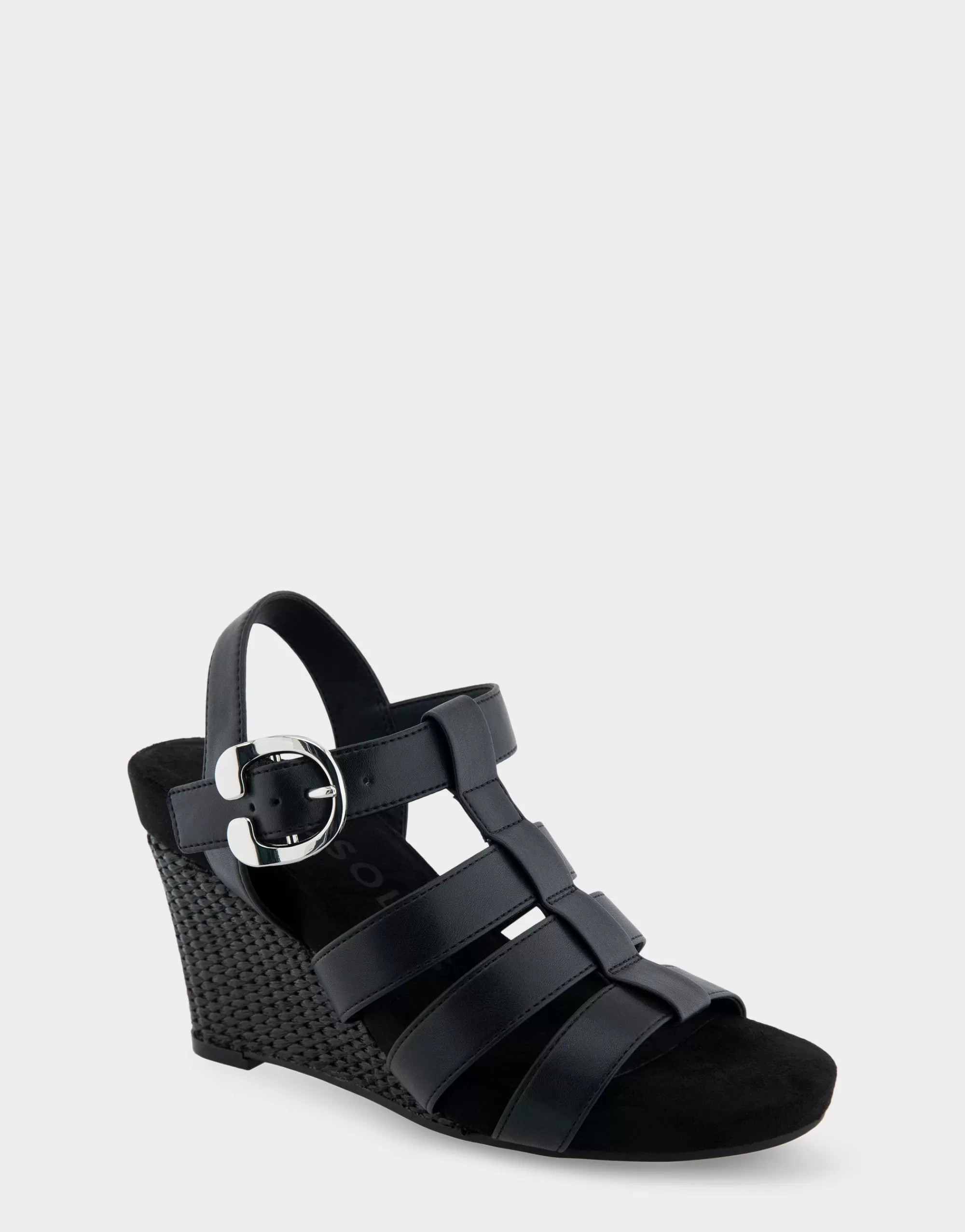 Aerosoles Wide Width Sandals | Wedges*Comfortable Women's Caged Footbed Wedge Sandal in Black Faux Leather