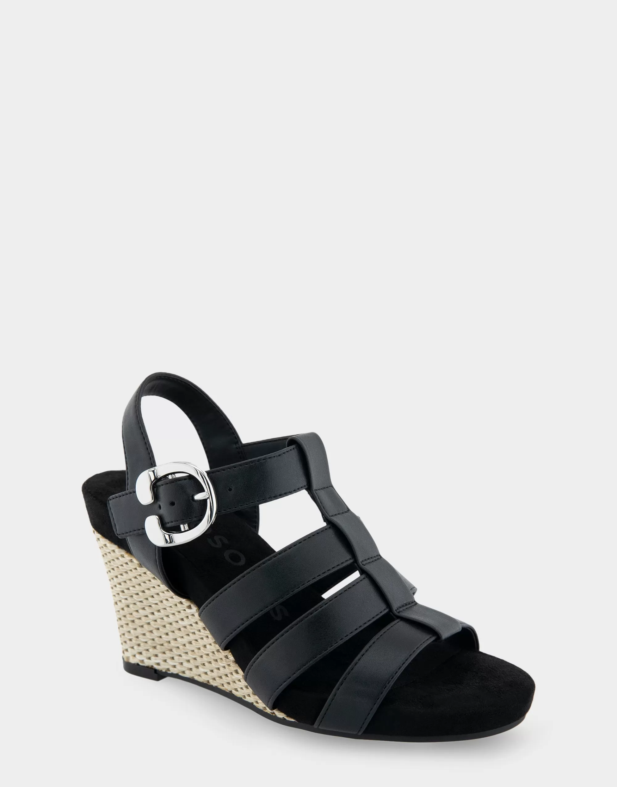 Aerosoles Wide Width Sandals | Wedges*Comfortable Women's Caged Footbed Wedge Sandal in Black Faux Leather