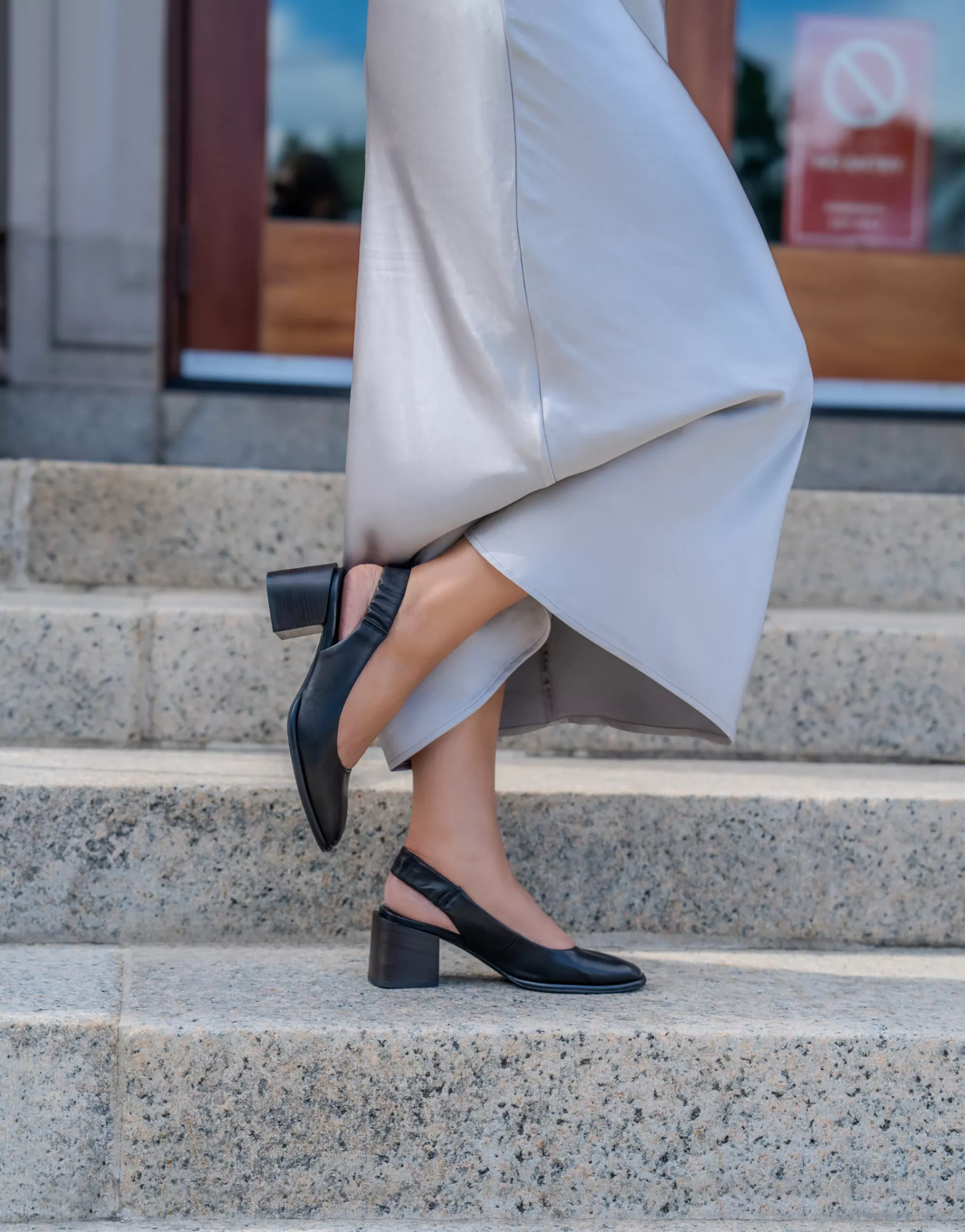 Aerosoles Pumps*Comfortable Women's Covered Elastic Slingback Block Heel Pump in Black Leather Leather