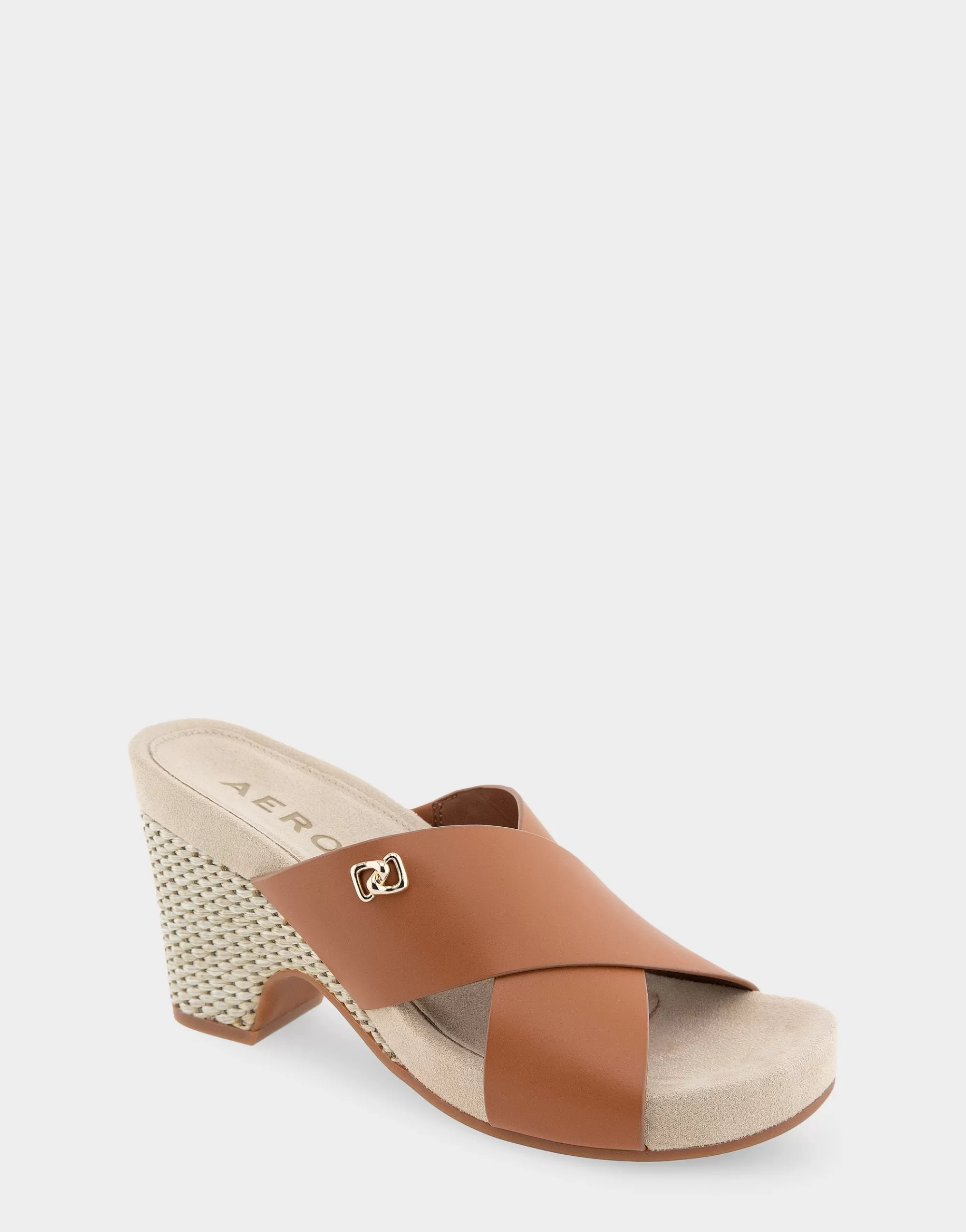 Aerosoles Dress | Wedges*Comfortable Women's Crisscross Footbed Wedge Sandal in Tan Leather Canvas Fabric