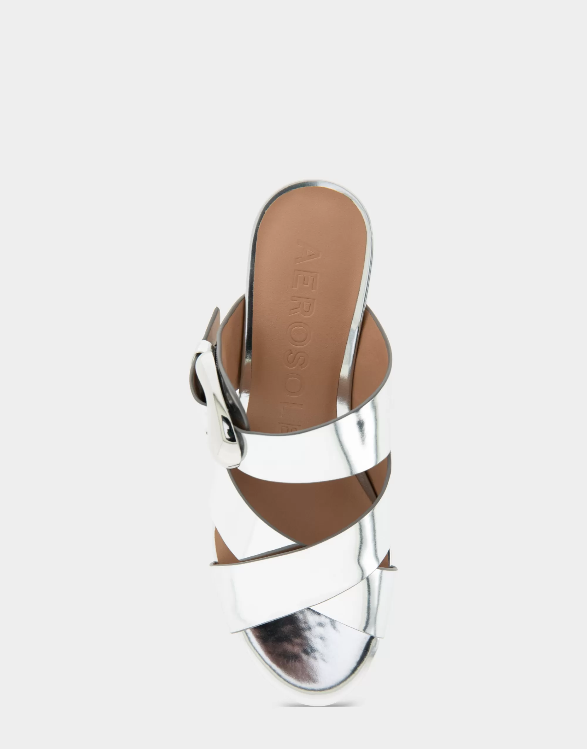 Aerosoles Wide Width Sandals | Platforms*Comfortable Women's Crisscross Platform Slide Sandal in Silver Mirror Metallic Faux Leather