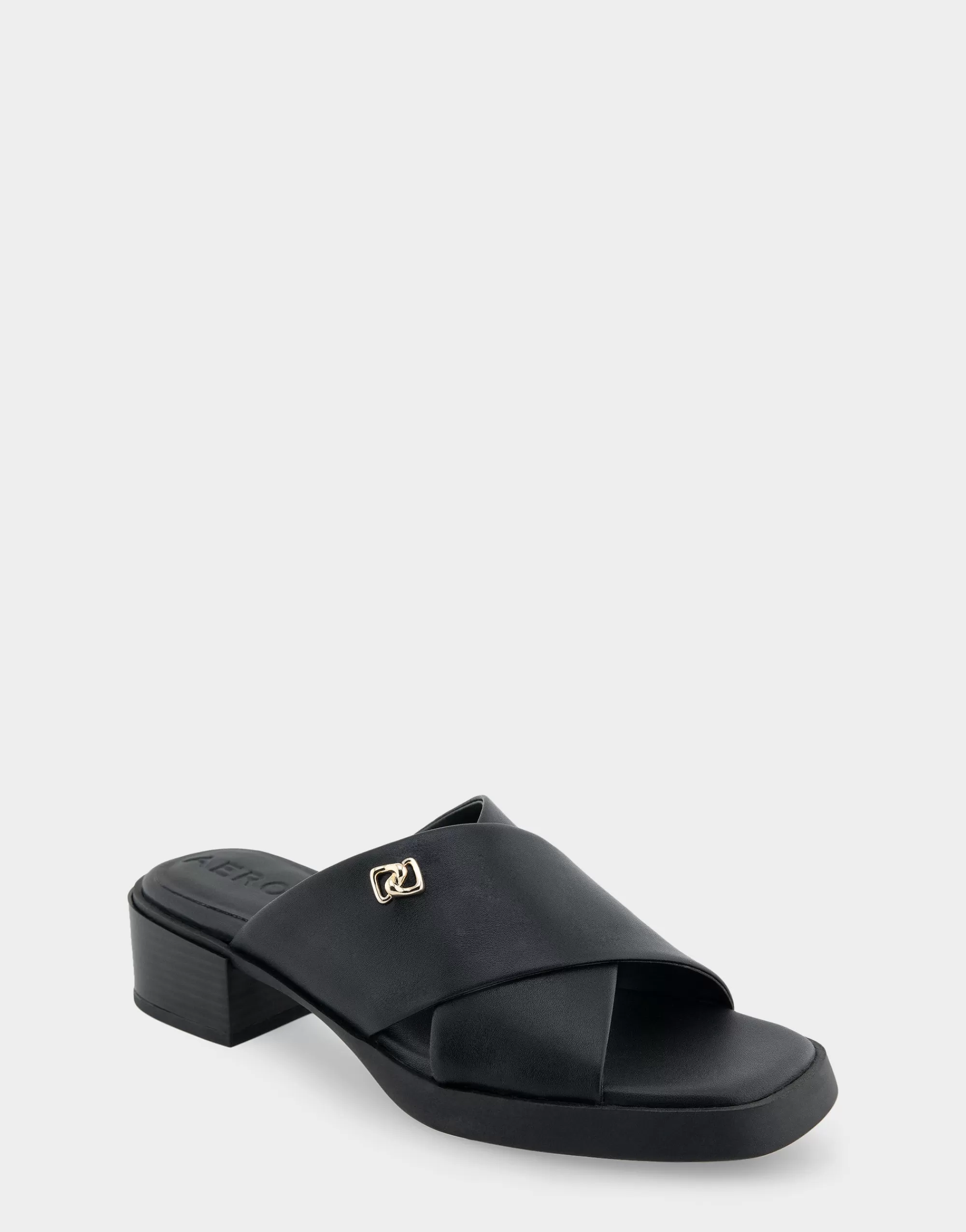 Aerosoles Wide Width Sandals*Comfortable Women's Crisscross Slip On Low Block Heel Sandal in Black Faux Leather
