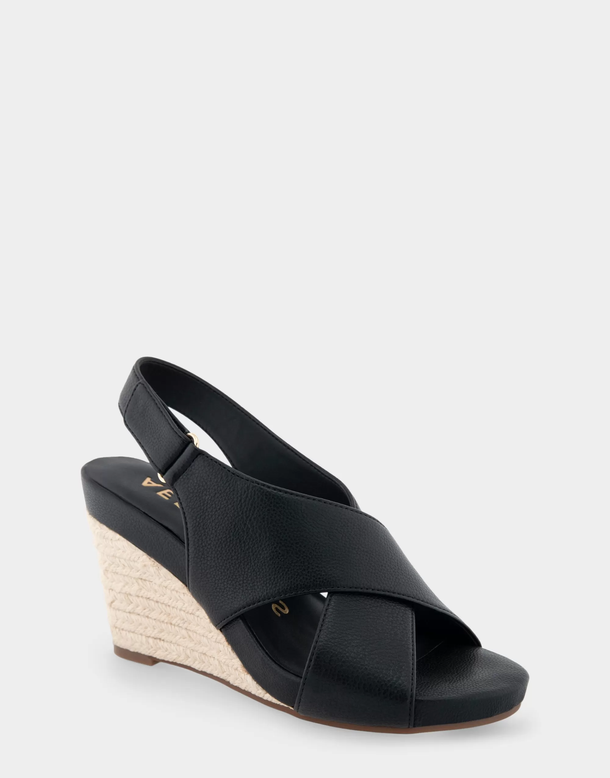 Aerosoles Wide Width Sandals | Dress*Comfortable Women's Crisscross Velcro Back Footbed Wedge Sandal in Black Faux Leather