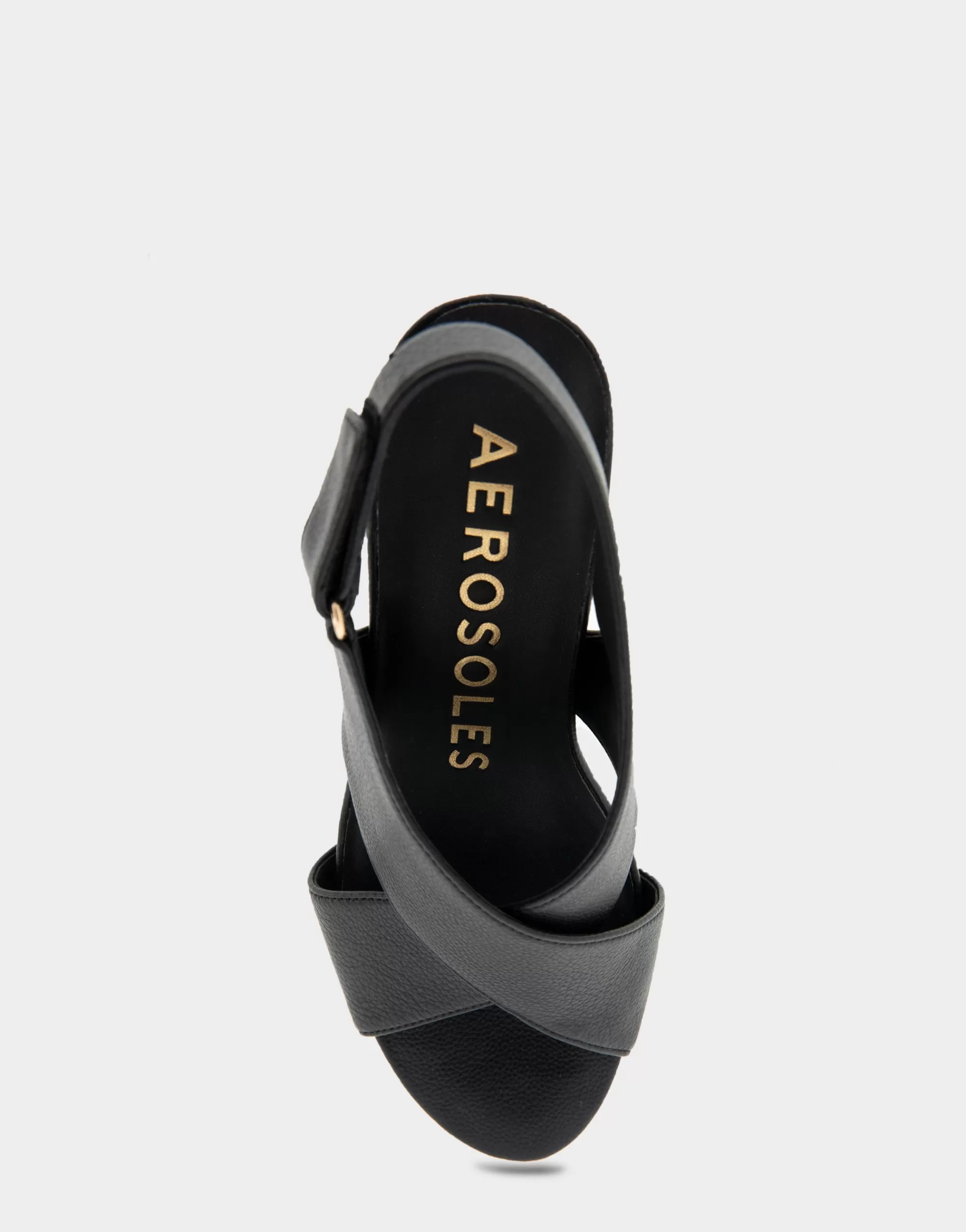Aerosoles Wide Width Sandals | Dress*Comfortable Women's Crisscross Velcro Back Footbed Wedge Sandal in Black Faux Leather