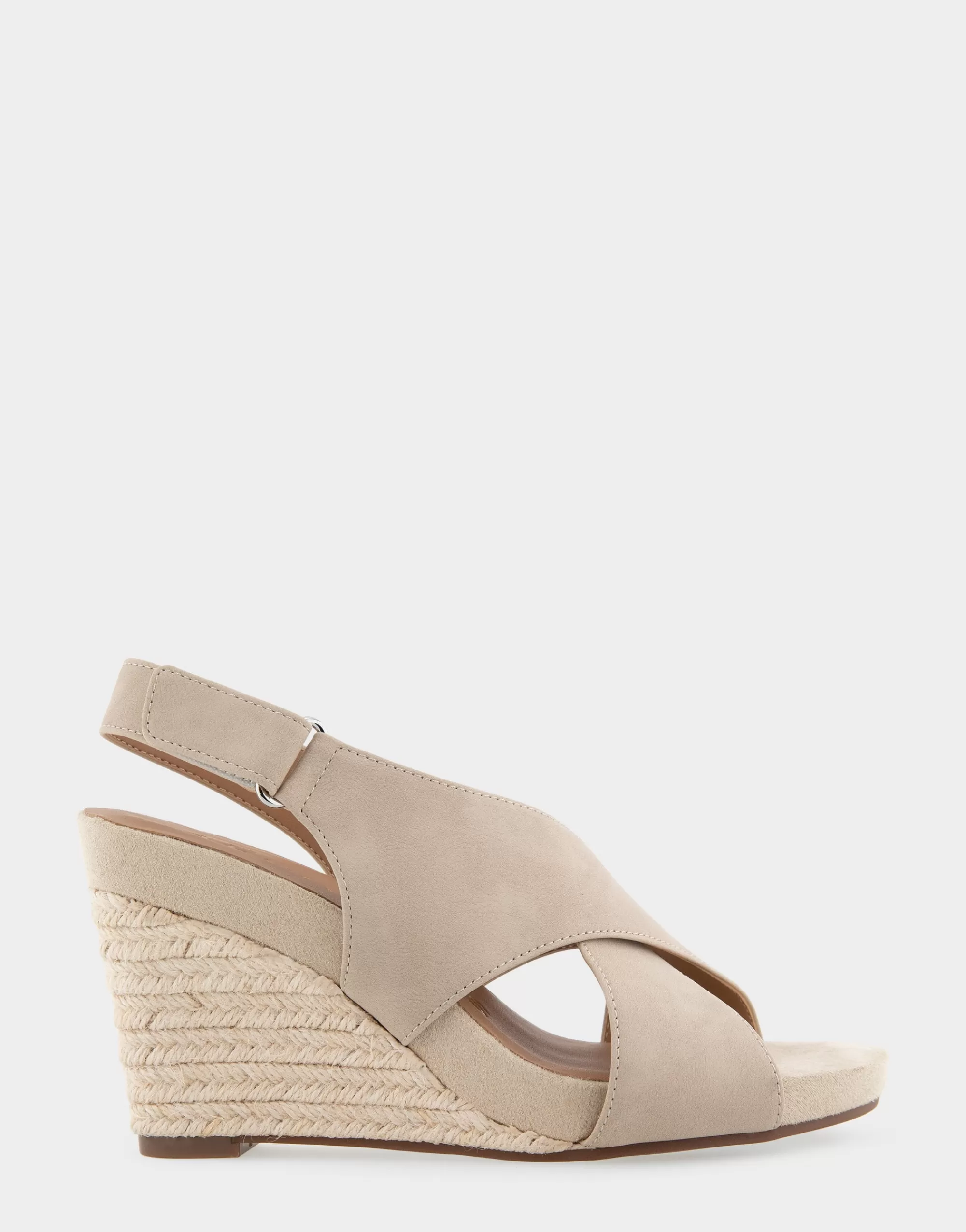 Aerosoles Wide Width Sandals | Dress*Comfortable Women's Crisscross Velcro Back Footbed Wedge Sandal in Pale Khaki Faux Leather Faux Suede