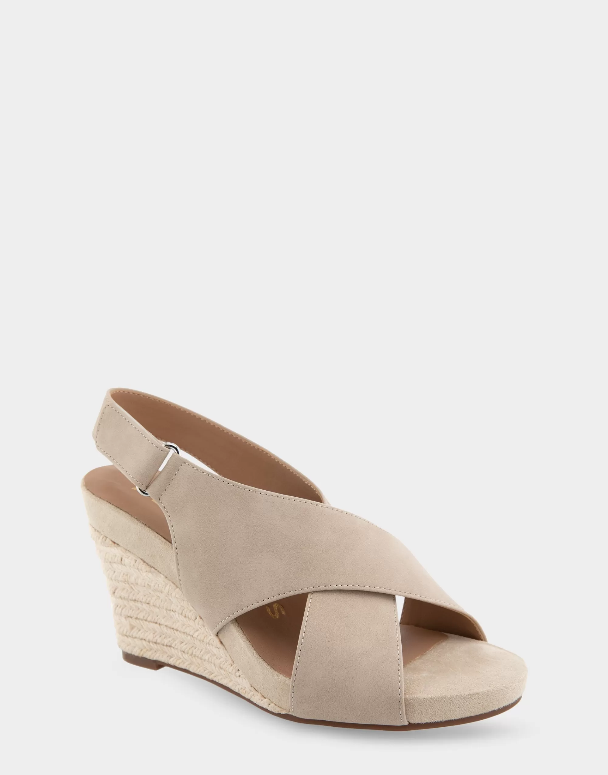 Aerosoles Wide Width Sandals | Dress*Comfortable Women's Crisscross Velcro Back Footbed Wedge Sandal in Pale Khaki Faux Leather Faux Suede