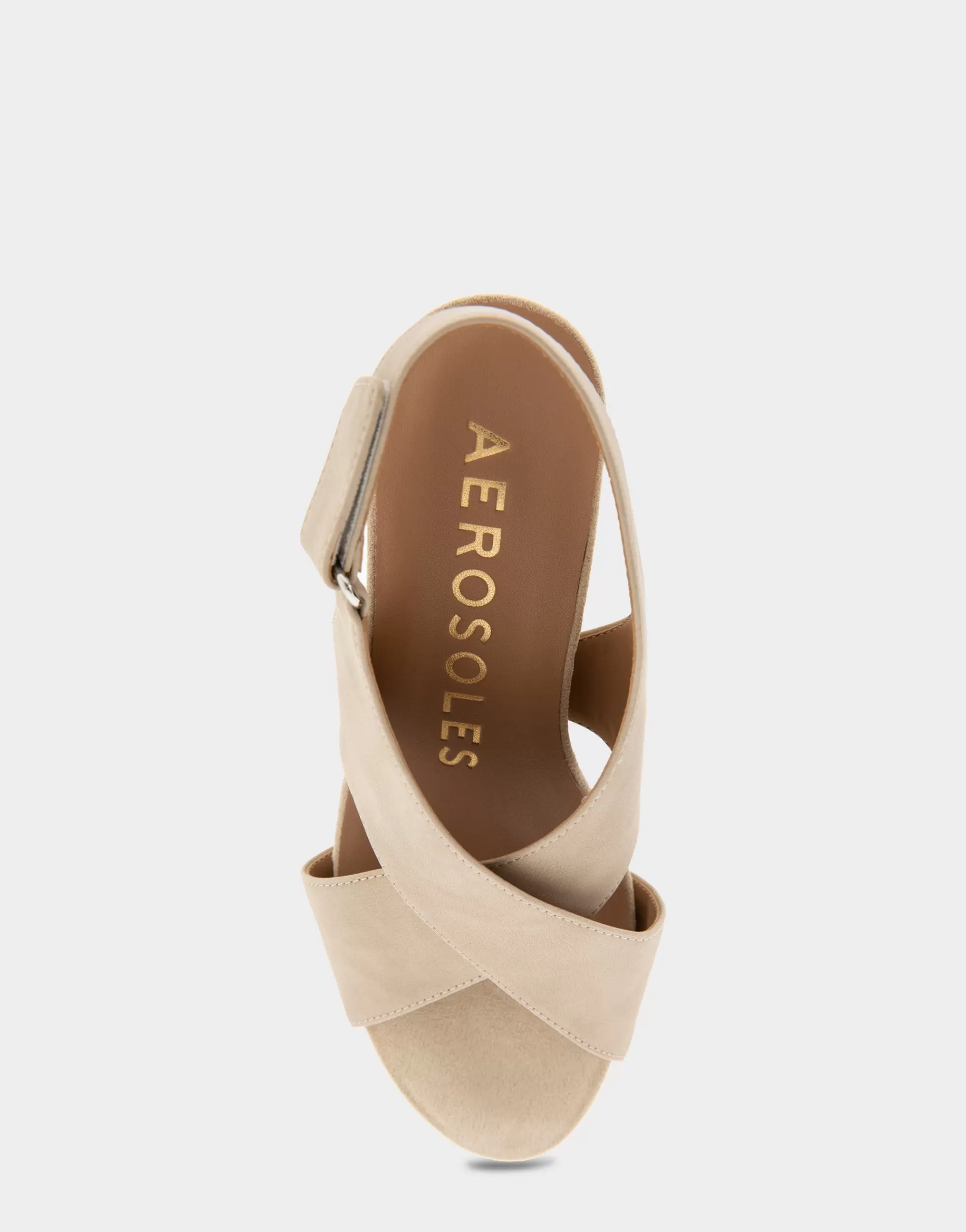 Aerosoles Wide Width Sandals | Dress*Comfortable Women's Crisscross Velcro Back Footbed Wedge Sandal in Pale Khaki Faux Leather Faux Suede