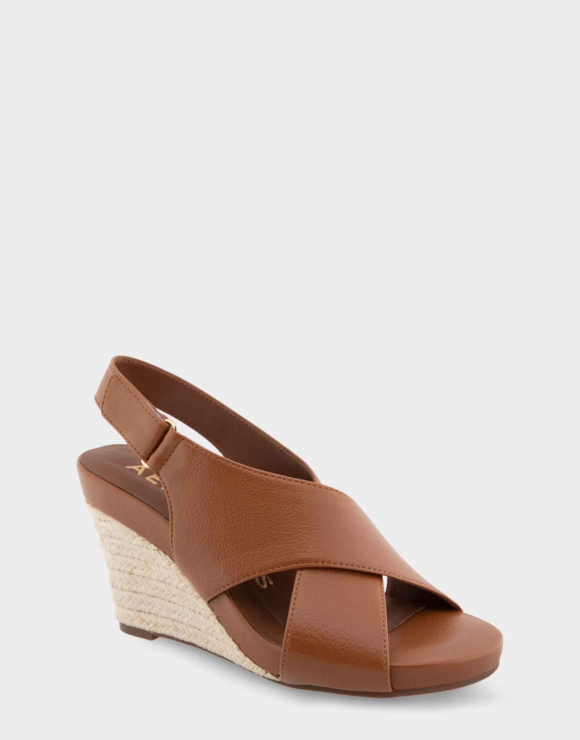 Aerosoles Wide Width Sandals | Dress*Comfortable Women's Crisscross Velcro Back Footbed Wedge Sandal in Tan Faux Leather