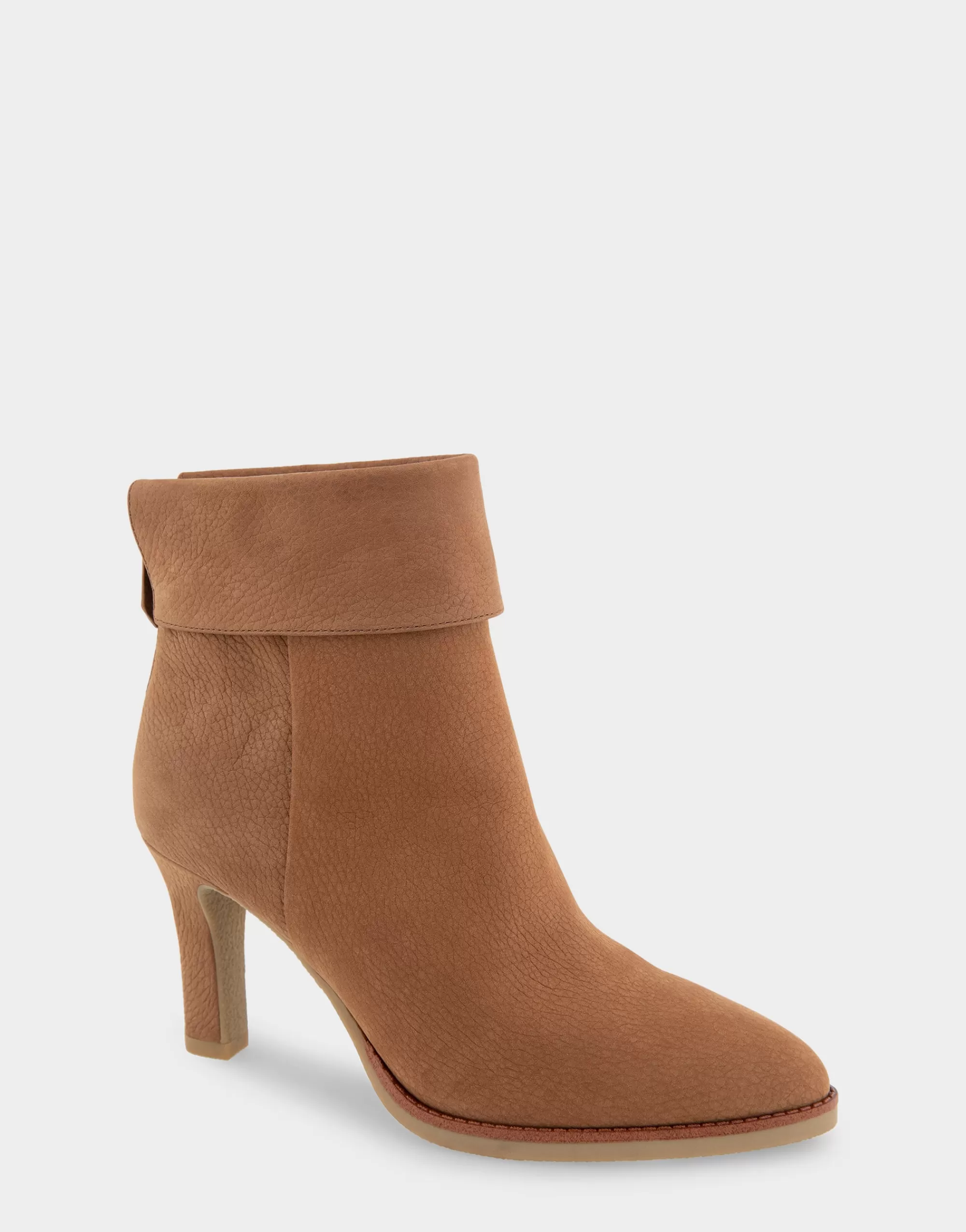 Aerosoles Heeled Boots | Ankle Boots*Comfortable Women's Cuffed Point Toe Crepe Sole Stiletto Bootie in Camel Pebbled Nubuck Leather