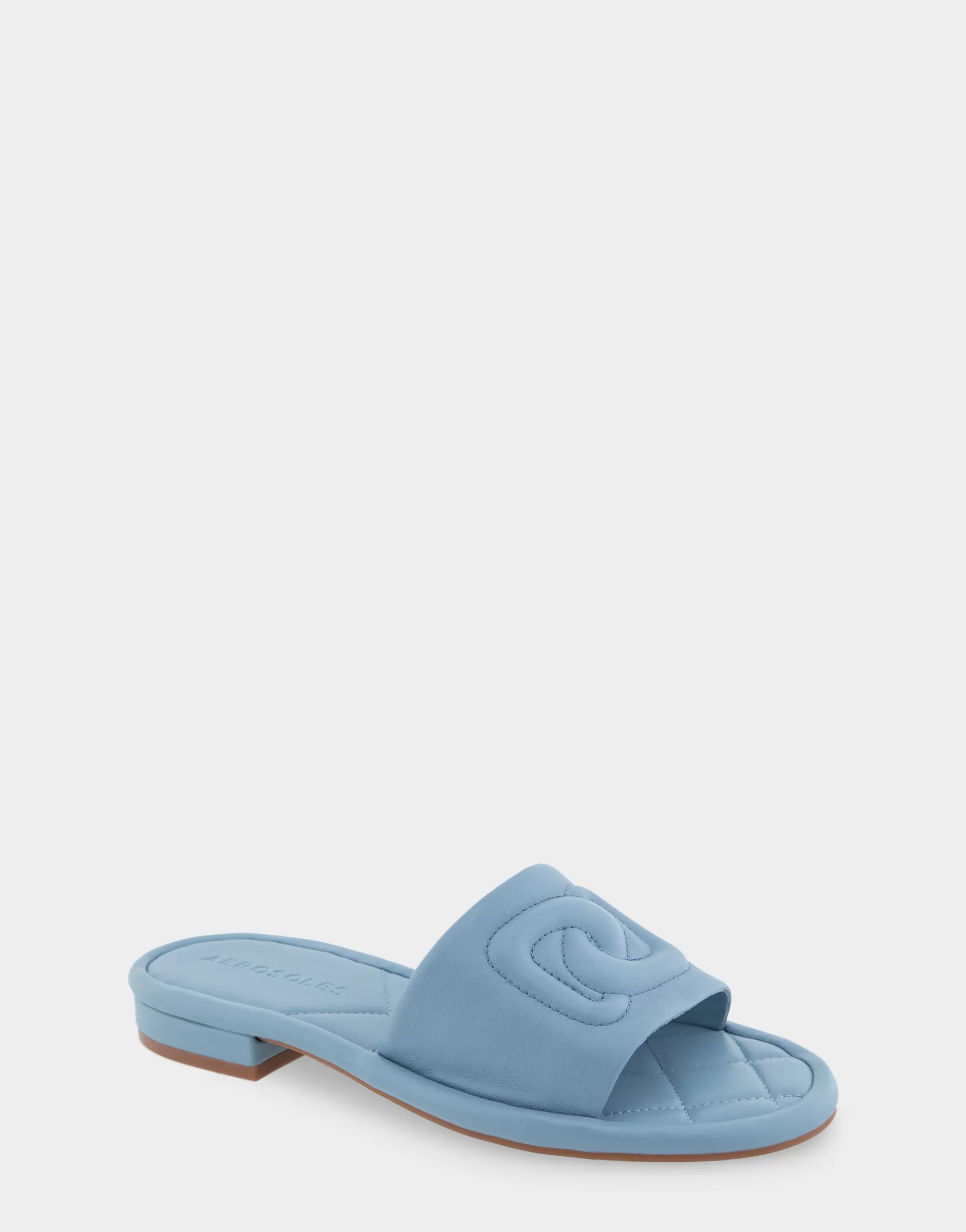 Aerosoles Slides | Flats*Comfortable Women's Debossed Chain Link Slide Sandal in Dusty Blue Leather