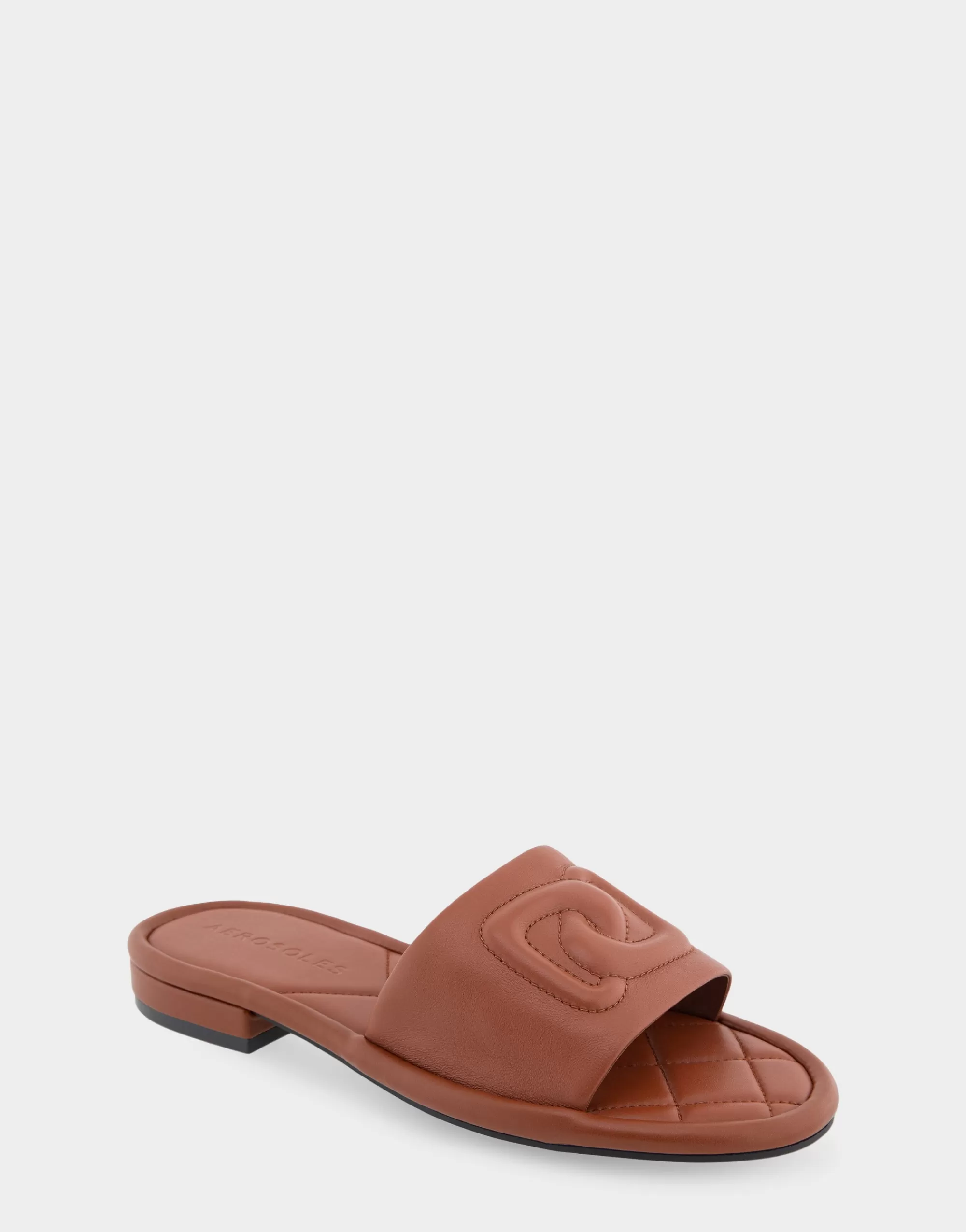 Aerosoles Slides | Flats*Comfortable Women's Debossed Chain Link Slide Sandal in Gingerbread Leather