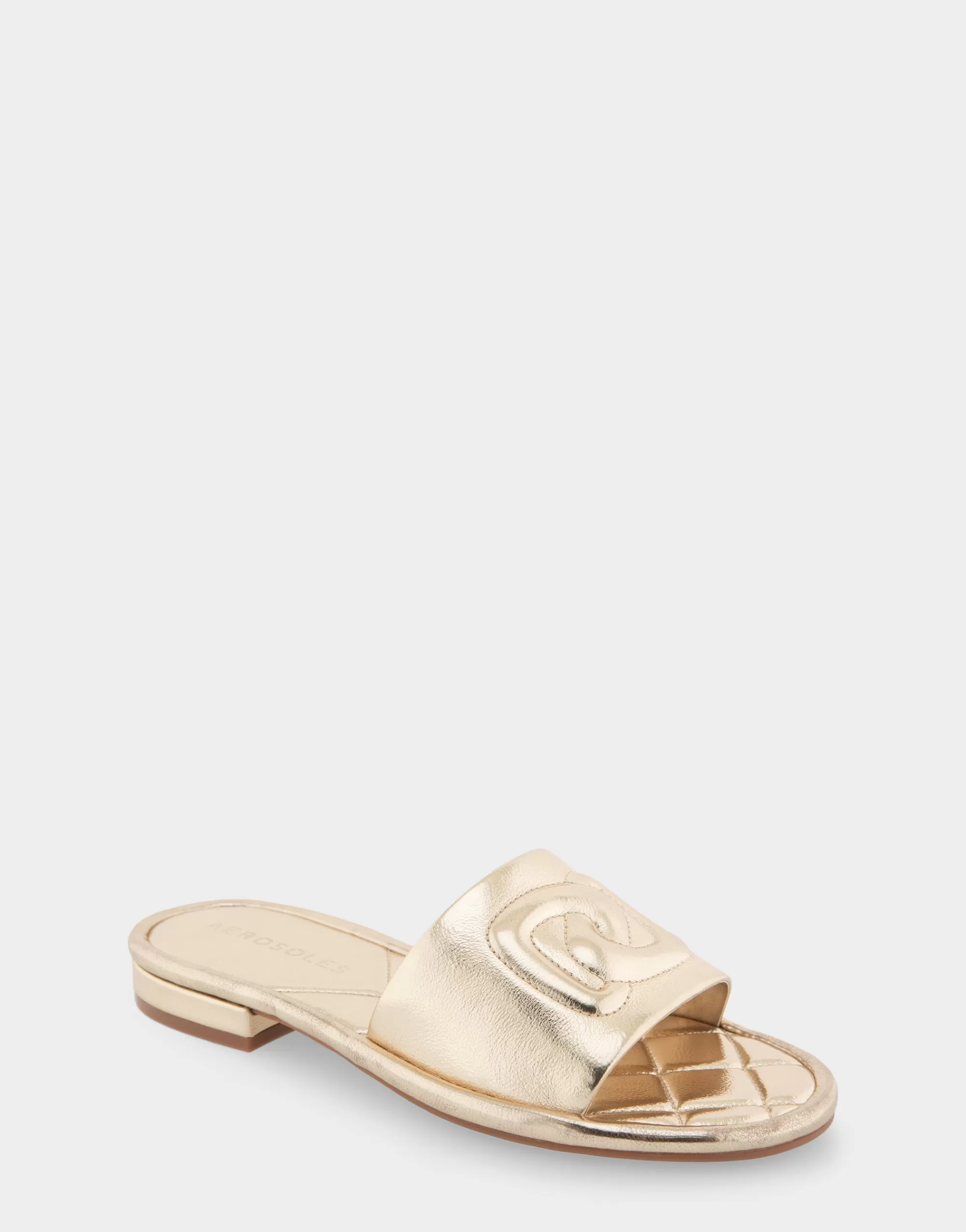 Aerosoles Slides | Flats*Comfortable Women's Debossed Chain Link Slide Sandal in Soft Gold Faux Leather