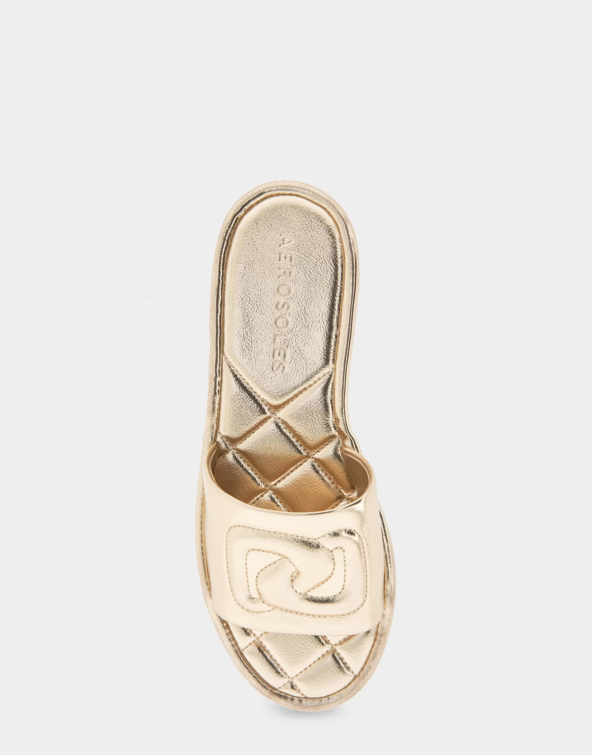 Aerosoles Slides | Flats*Comfortable Women's Debossed Chain Link Slide Sandal in Soft Gold Faux Leather