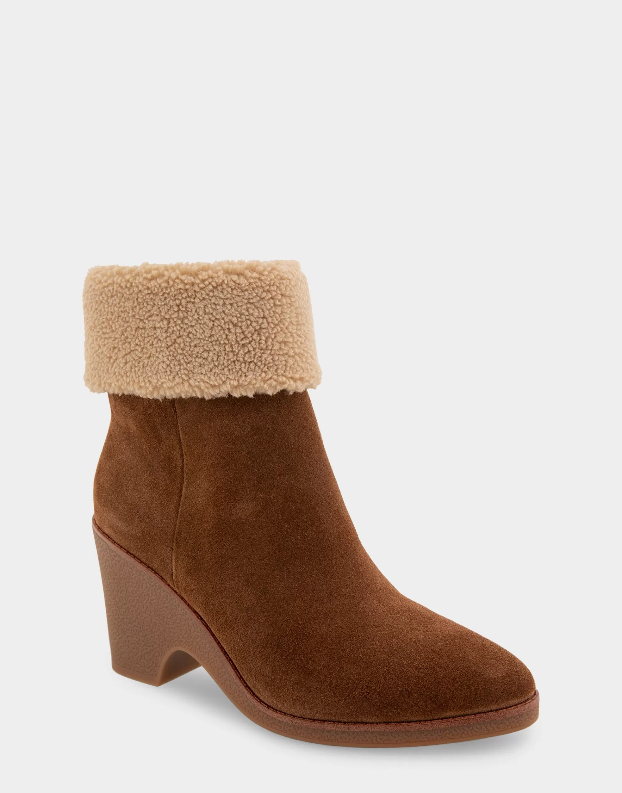 Aerosoles Heeled Boots | Ankle Boots*Comfortable Women's Faux Shearling Cuff Sculpted Wedge Crepe Heel Bootie in Tobacco Suede Suede