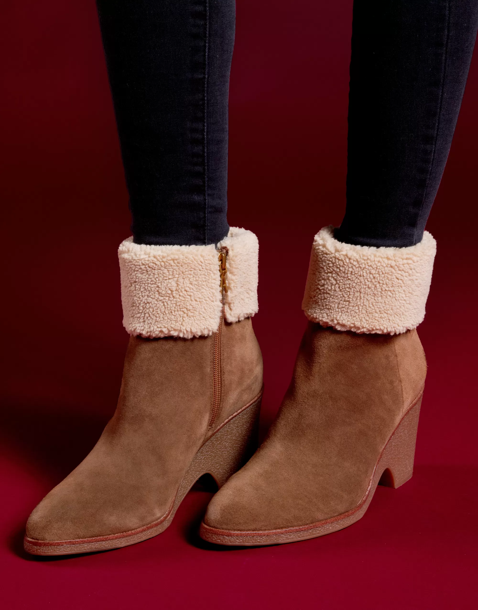 Aerosoles Heeled Boots | Ankle Boots*Comfortable Women's Faux Shearling Cuff Sculpted Wedge Crepe Heel Bootie in Tobacco Suede Suede
