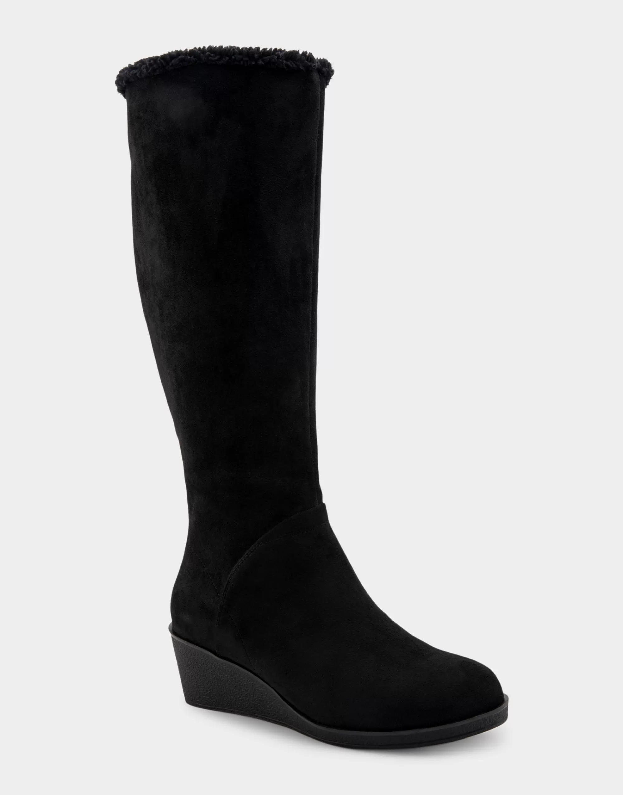 Aerosoles Wedges | Wedge Boots*Comfortable Women's Faux Shearling Trimmed Knee High Wedge Boot in Black Faux Suede Faux Suede