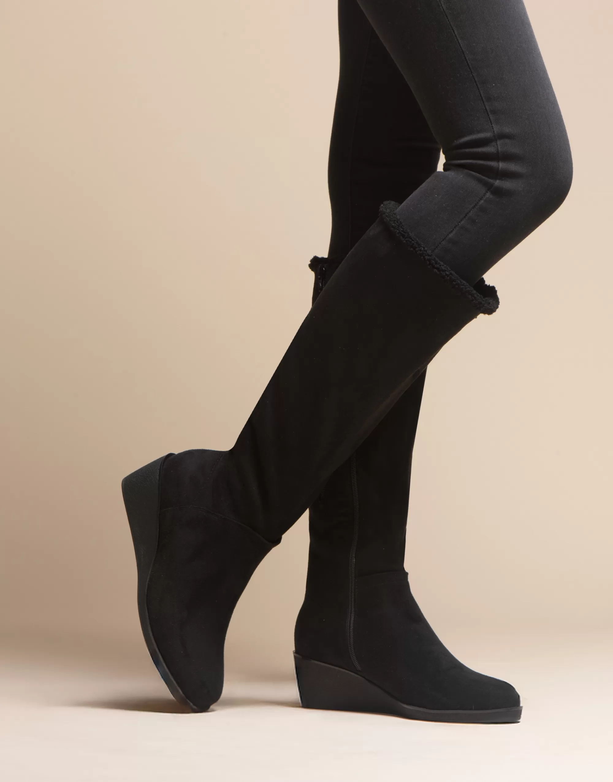 Aerosoles Wedges | Wedge Boots*Comfortable Women's Faux Shearling Trimmed Knee High Wedge Boot in Black Faux Suede Faux Suede