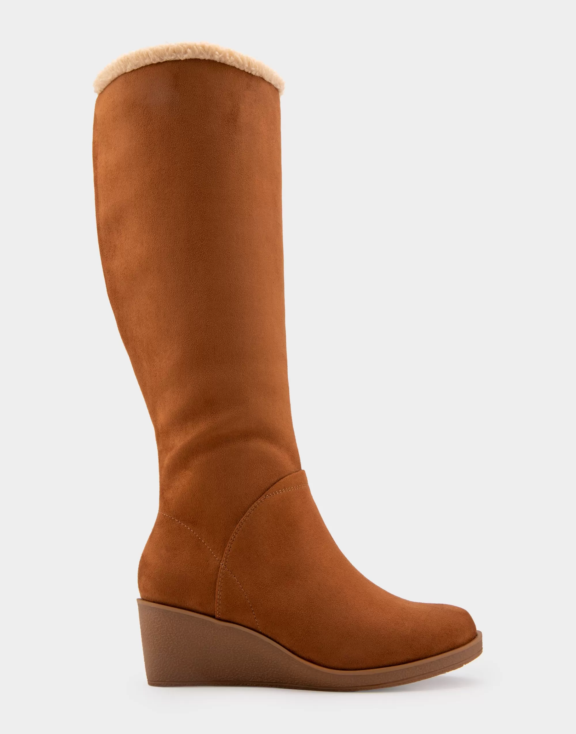 Aerosoles Wedge Boots | Tall Boots*Comfortable Women's Faux Shearling Trimmed Knee High Wedge Boot in Tobacco Faux Suede Faux Suede