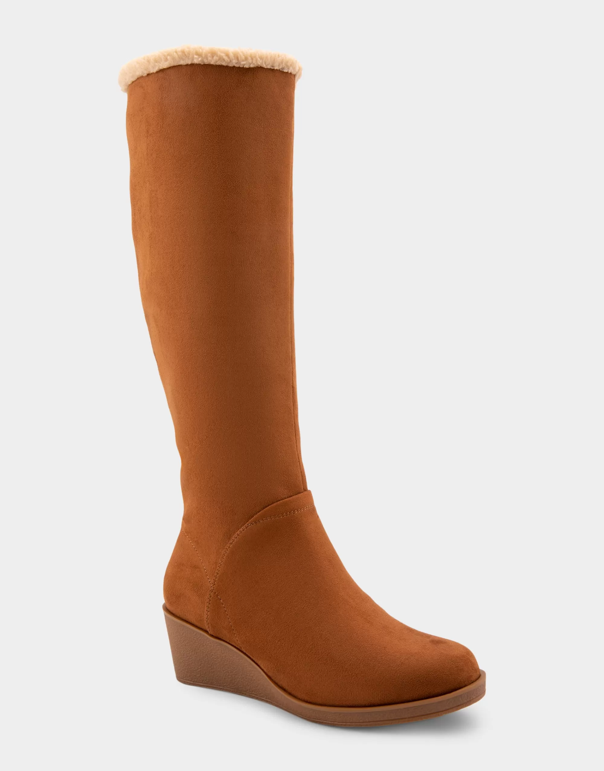 Aerosoles Wedge Boots | Tall Boots*Comfortable Women's Faux Shearling Trimmed Knee High Wedge Boot in Tobacco Faux Suede Faux Suede