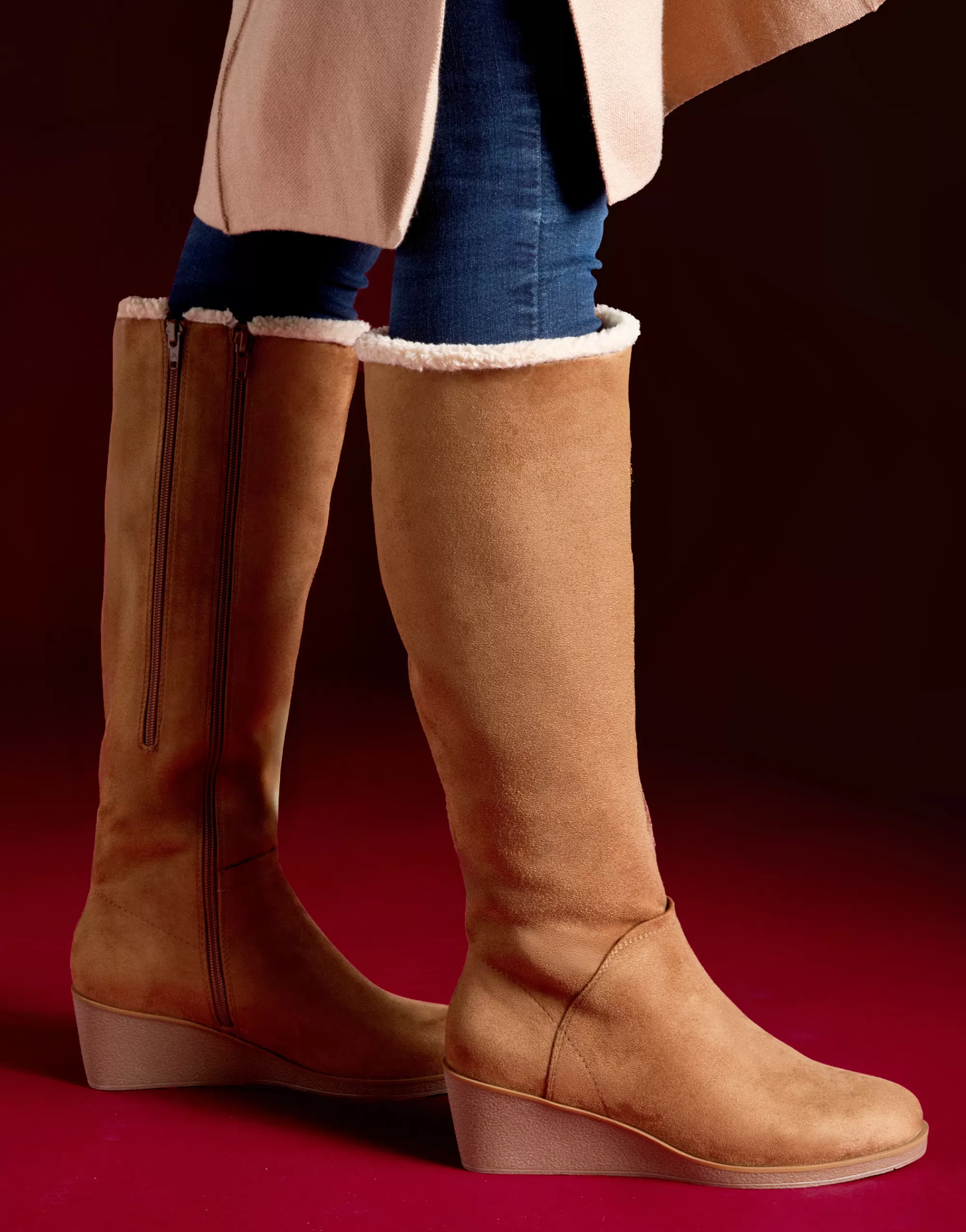 Aerosoles Wedge Boots | Tall Boots*Comfortable Women's Faux Shearling Trimmed Knee High Wedge Boot in Tobacco Faux Suede Faux Suede