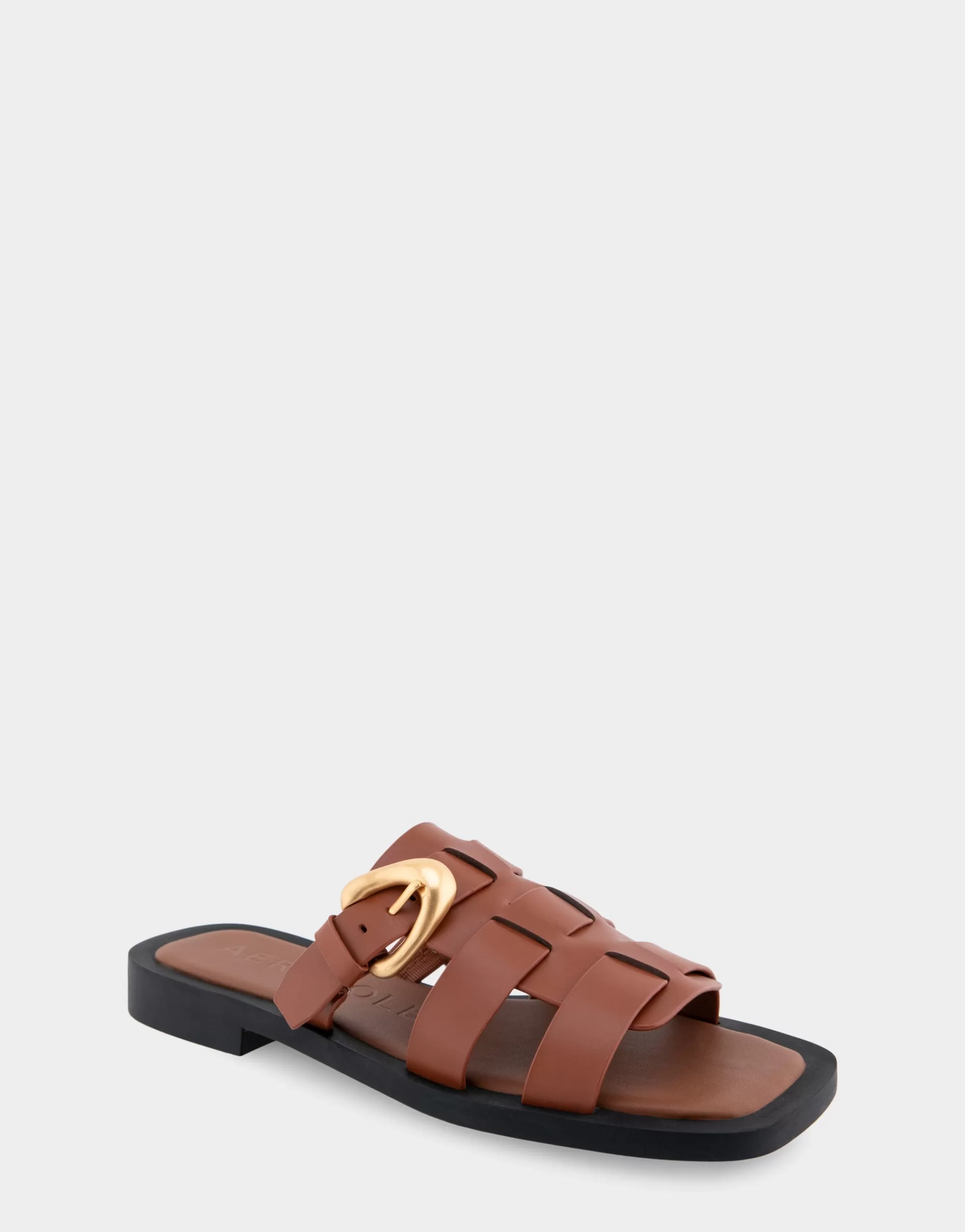Aerosoles Slides | Flats*Comfortable Women's Fisherman Flat Slide Sandal in Gingerbread Leather