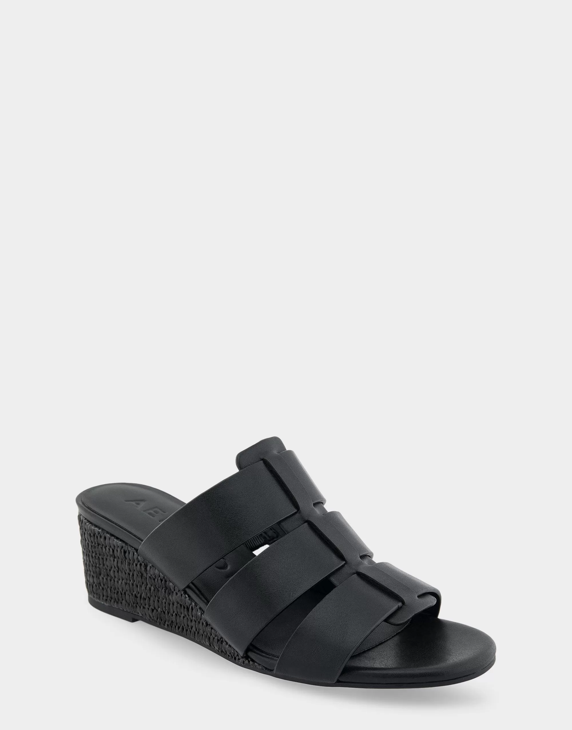 Aerosoles Wide Width Sandals | Dress*Comfortable Women's Fisherman Mid Wedge Slide in Black Faux Leather