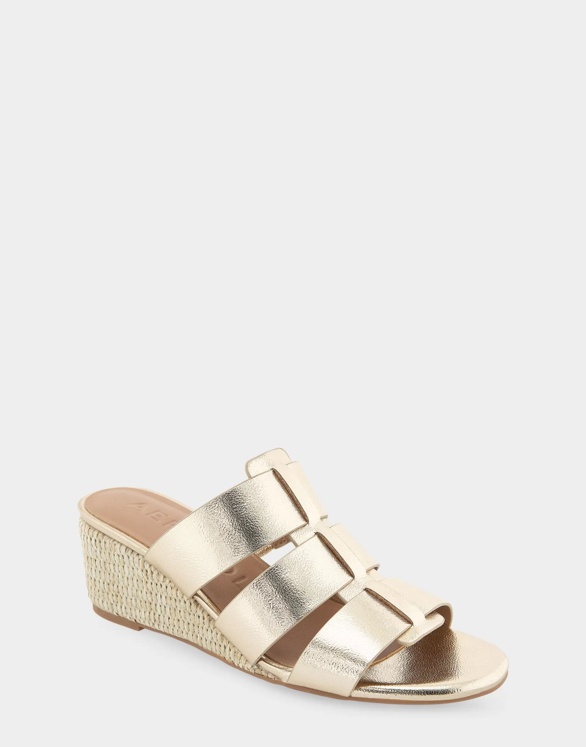 Aerosoles Wide Width Sandals | Dress*Comfortable Women's Fisherman Mid Wedge Slide in Soft Gold Faux Leather