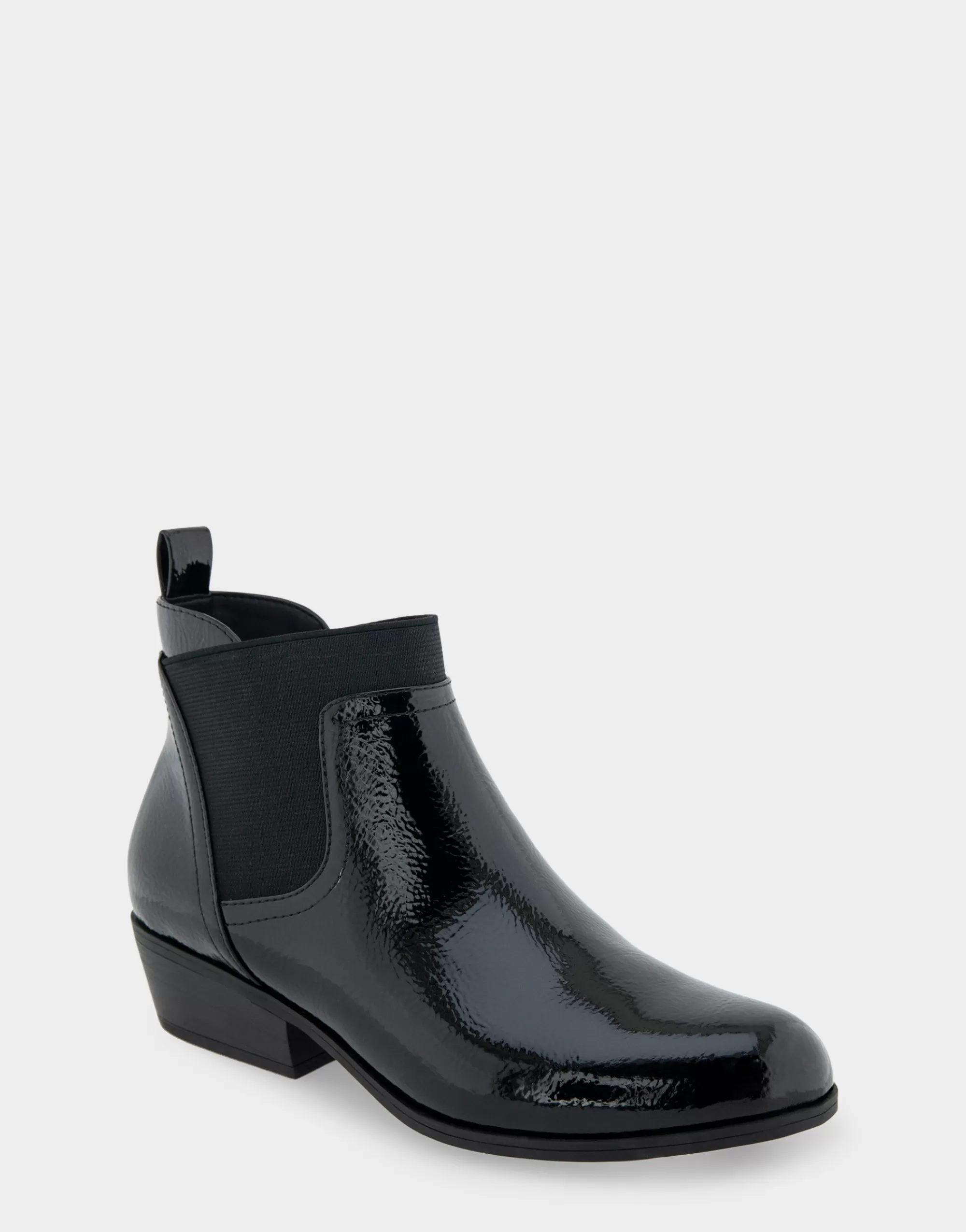 Aerosoles Heeled Boots | Ankle Boots*Comfortable Women's Gored Ankle Bootie With Pull Tab in Black Crinkled Patent Faux Leather Patent Faux Leather