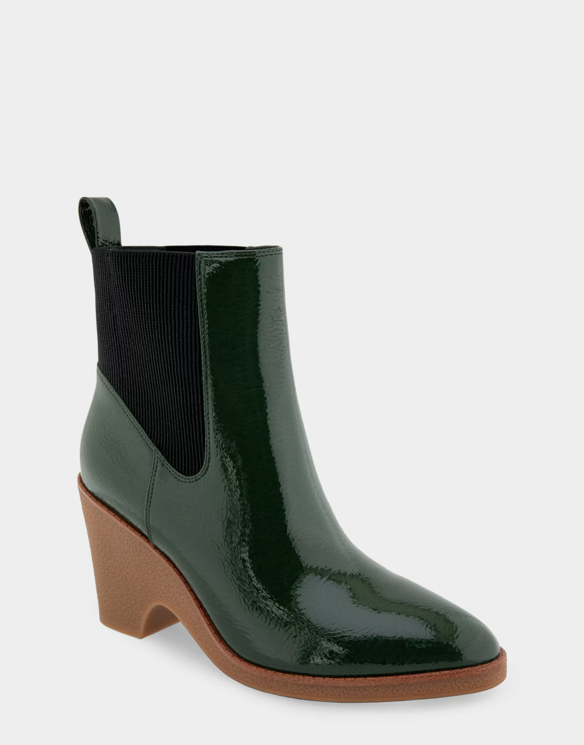 Aerosoles Wedge Boots | Heeled Boots*Comfortable Women's Gored Sculpted Wedge Crepe Heel Bootie in Fir Green Crinkled Patent Faux Leather Patent Faux Leather