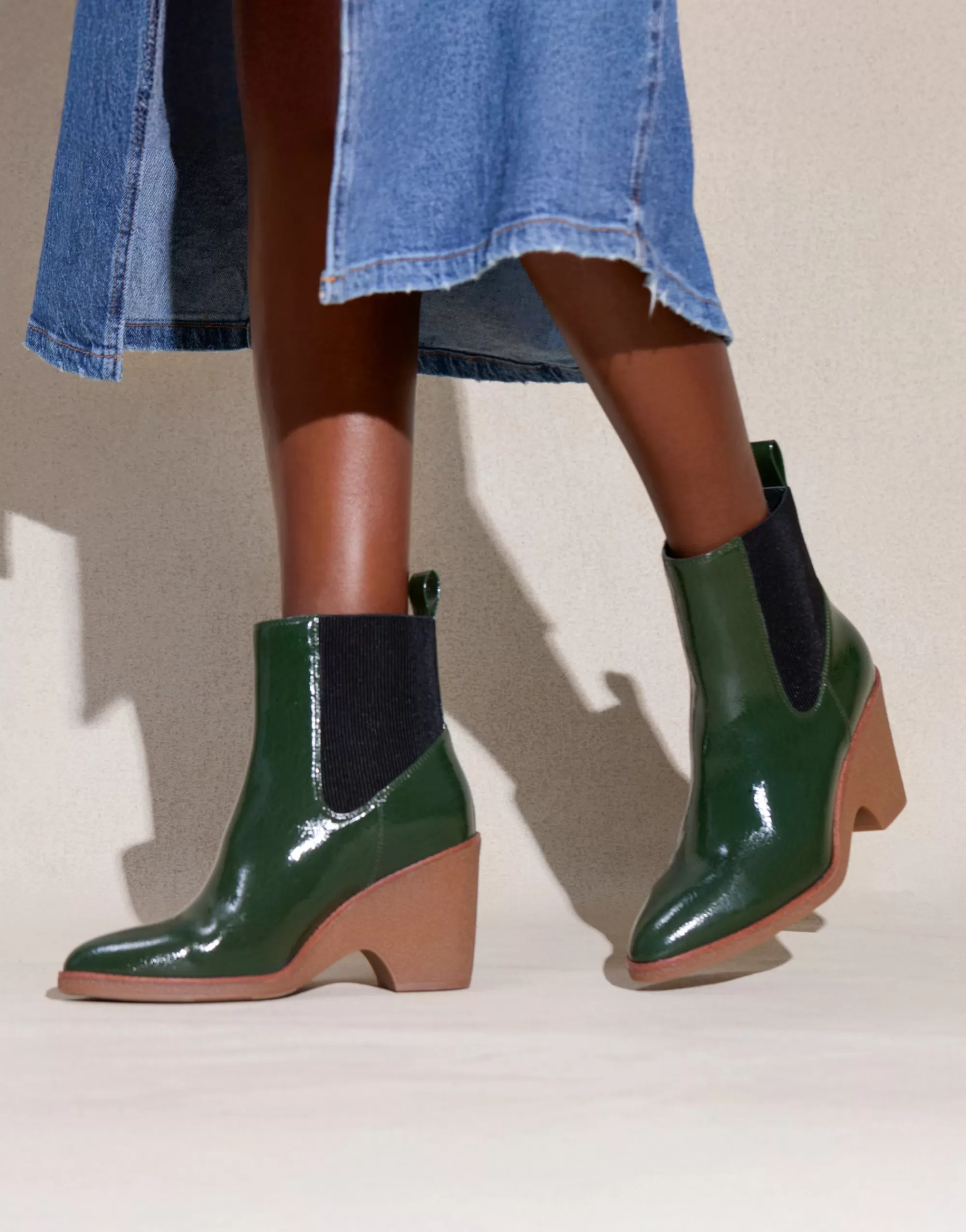 Aerosoles Wedge Boots | Heeled Boots*Comfortable Women's Gored Sculpted Wedge Crepe Heel Bootie in Fir Green Crinkled Patent Faux Leather Patent Faux Leather