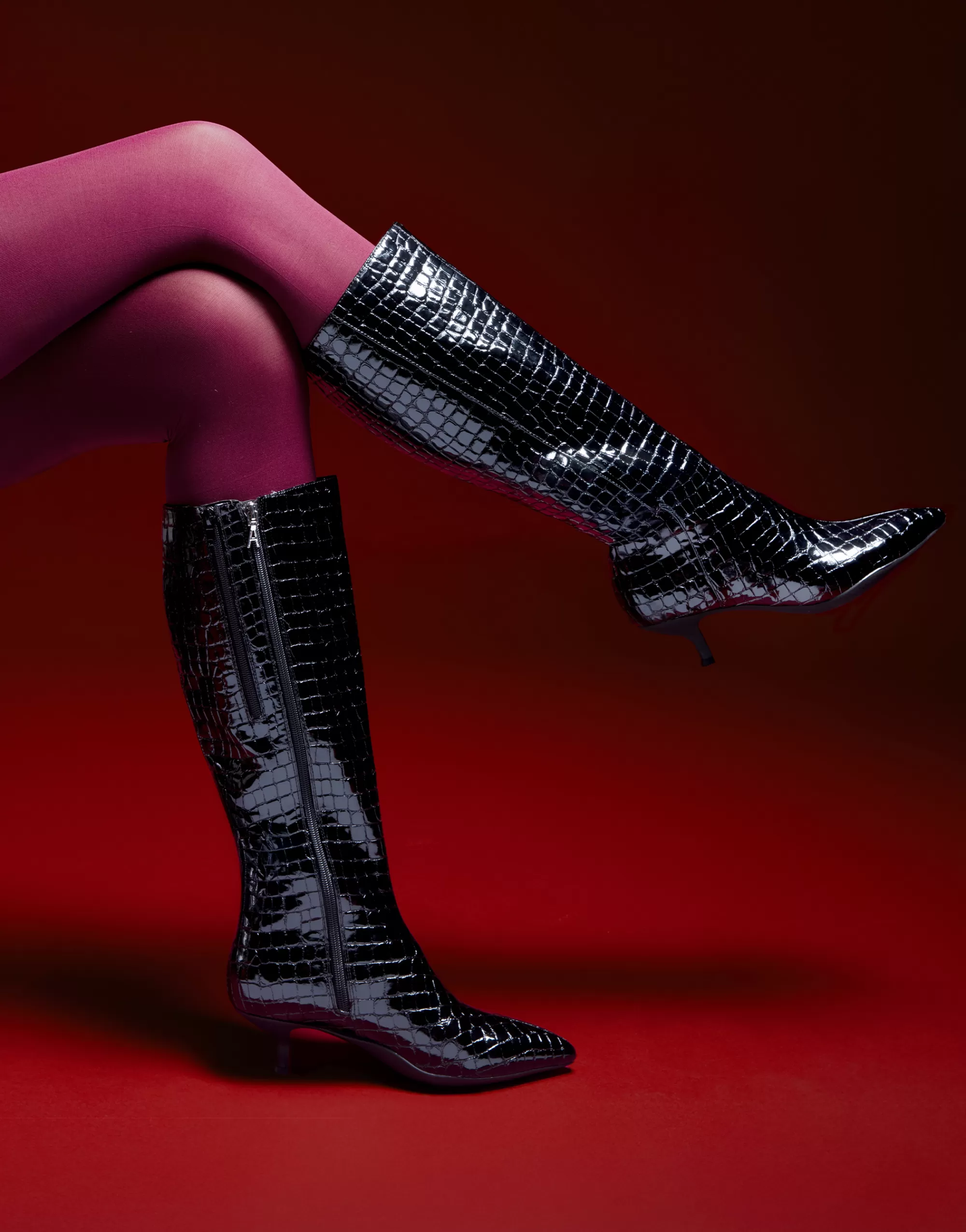 Aerosoles Heeled Boots | Tall Boots*Comfortable Women's Knee High Point Toe Kitten Heel Boot in Black Jelly Croco Croco Faux Leather