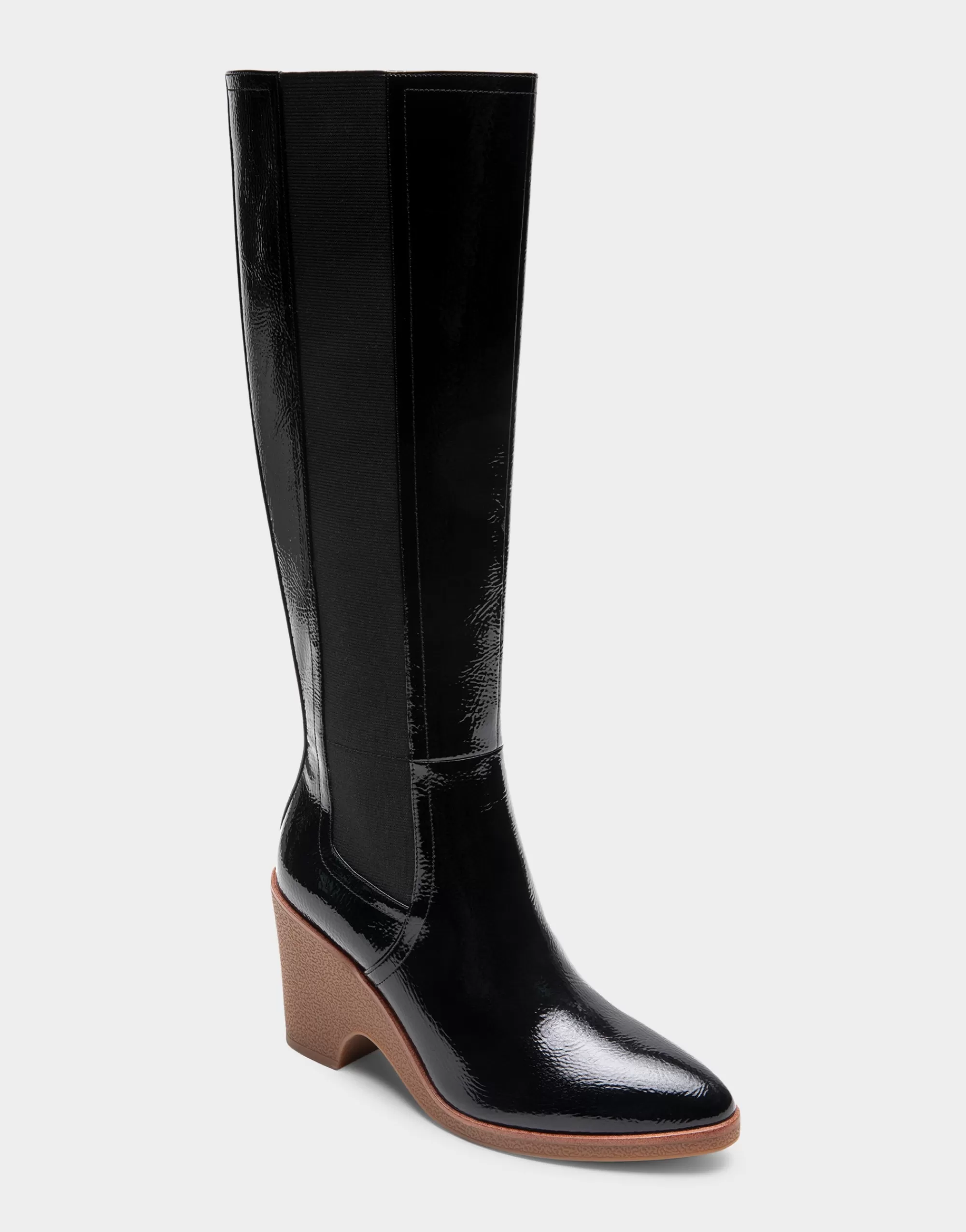 Aerosoles Wedge Boots | Heeled Boots*Comfortable Women's Knee High Sculpted Wedge Almond Toe Boot in Black Crinkled Patent Faux Leather