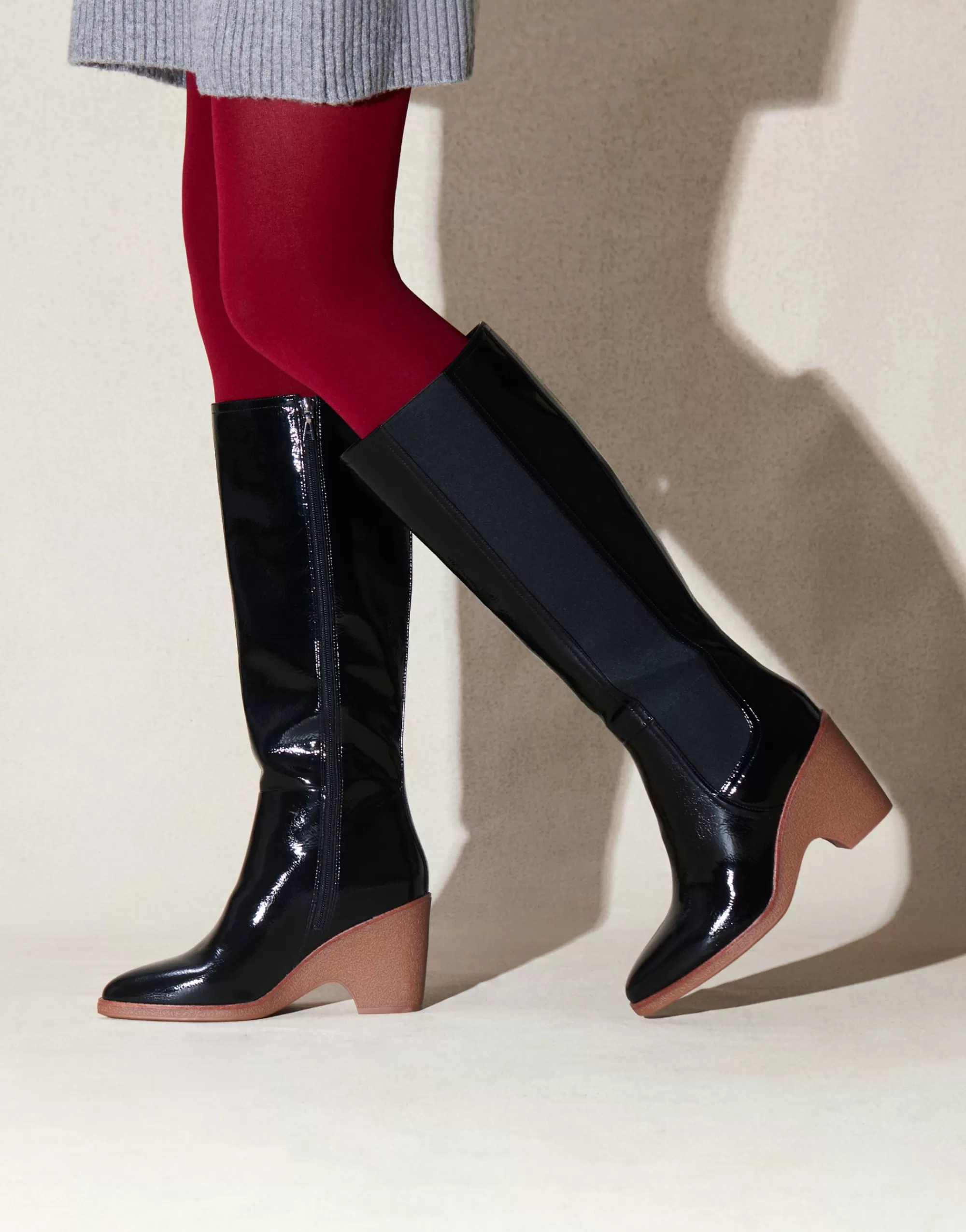 Aerosoles Wedge Boots | Heeled Boots*Comfortable Women's Knee High Sculpted Wedge Almond Toe Boot in Black Crinkled Patent Faux Leather