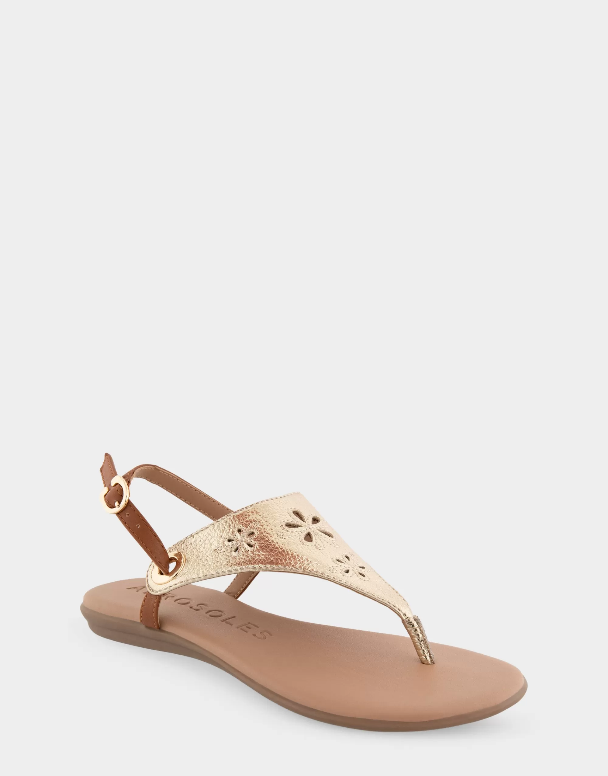 Aerosoles Flats*Comfortable Women's Laser Cut Slingback Thong Sandal in Soft Gold Faux Leather