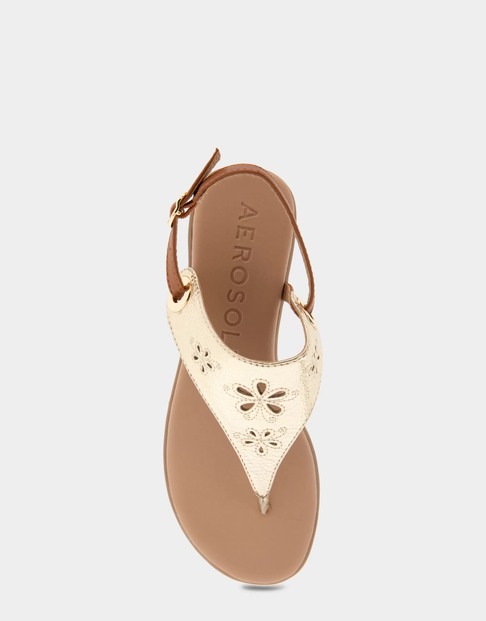 Aerosoles Flats*Comfortable Women's Laser Cut Slingback Thong Sandal in Soft Gold Faux Leather