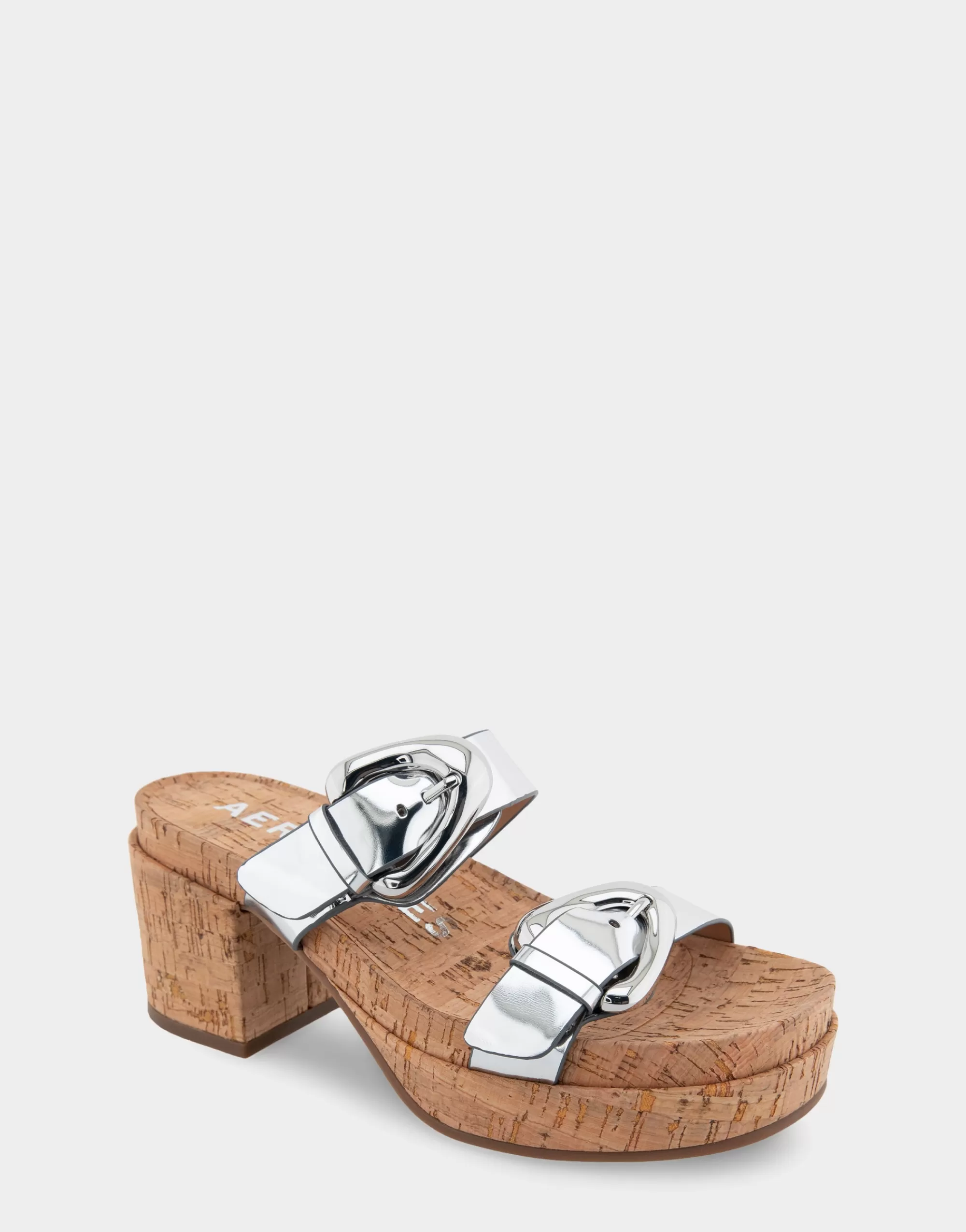 Aerosoles Platforms | Platforms*Comfortable Women's Molded Footbed Platform Slide Sandal in Silver Mirror Metallic Faux Leather