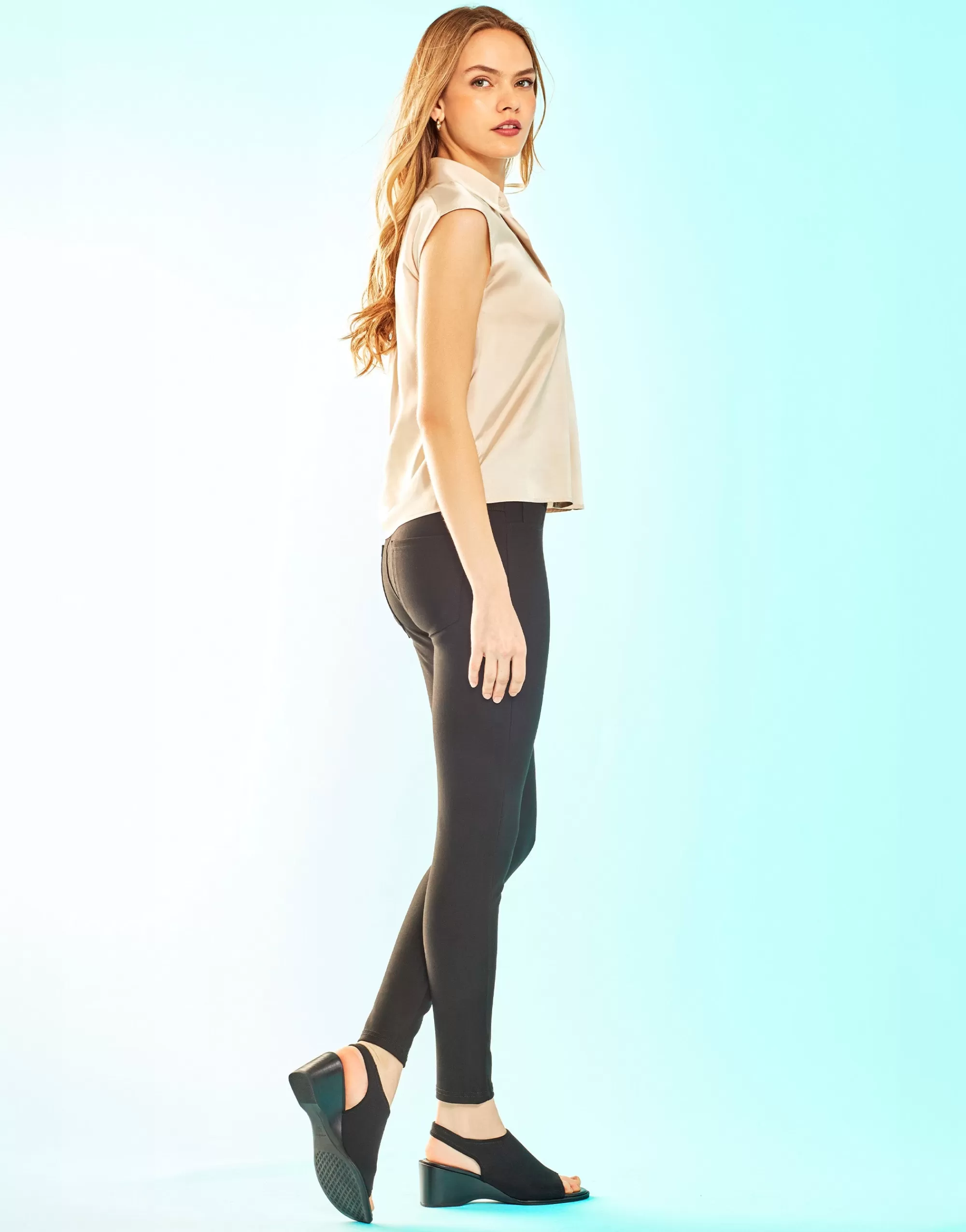 Aerosoles Dress | Wedges*Comfortable Women's Open Toe Stretch Wedge Shootie in Black Allover Stretch Gabardine Fabric