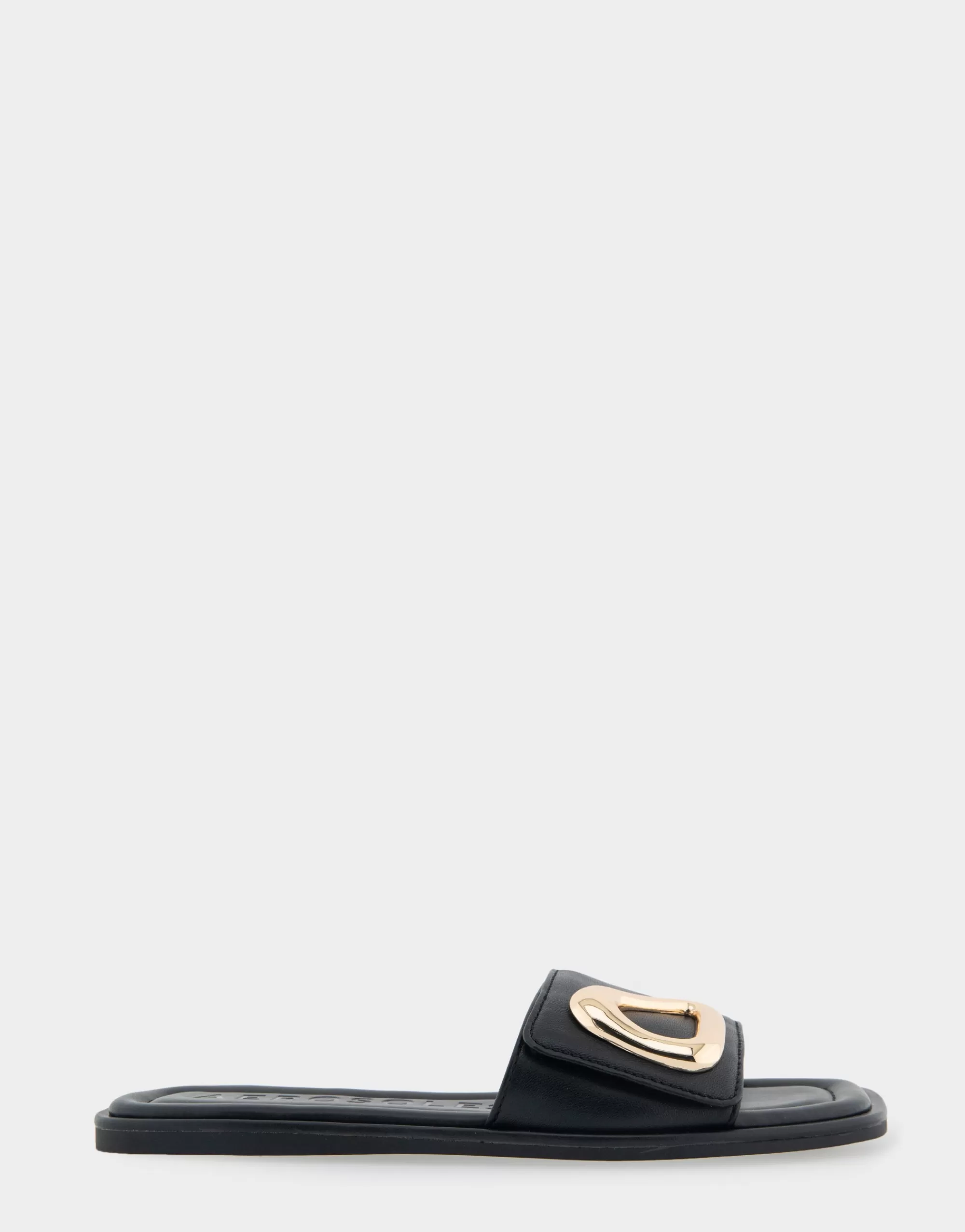 Aerosoles Slides | Flats*Comfortable Women's Ornamented Single Band Slide Sandal in Black Leather