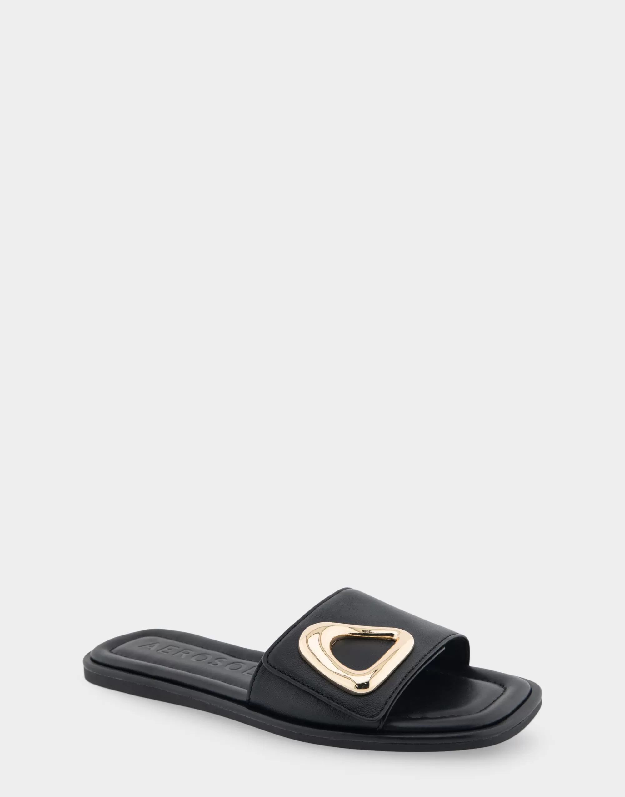 Aerosoles Slides | Flats*Comfortable Women's Ornamented Single Band Slide Sandal in Black Leather