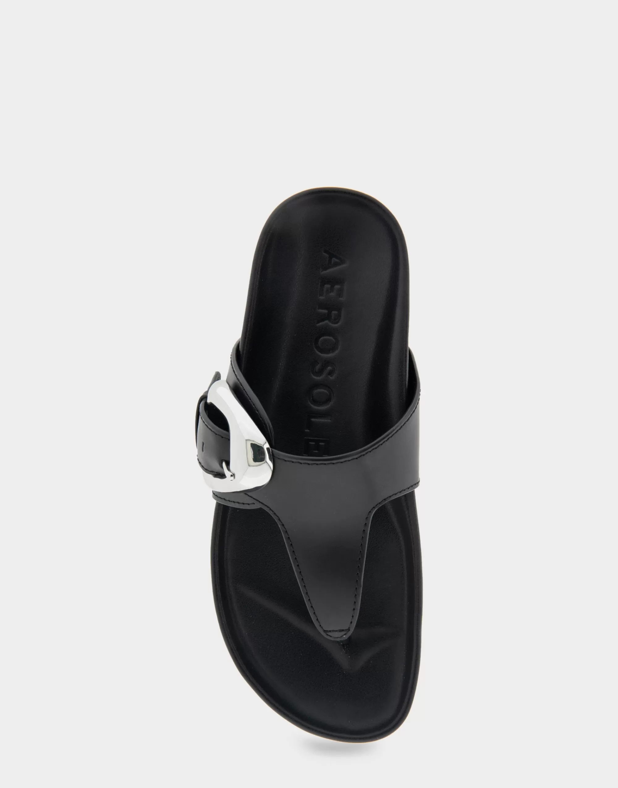 Aerosoles Flats*Comfortable Women's Oversized Buckle Molded Footbed Thong Sandal in Black Leather