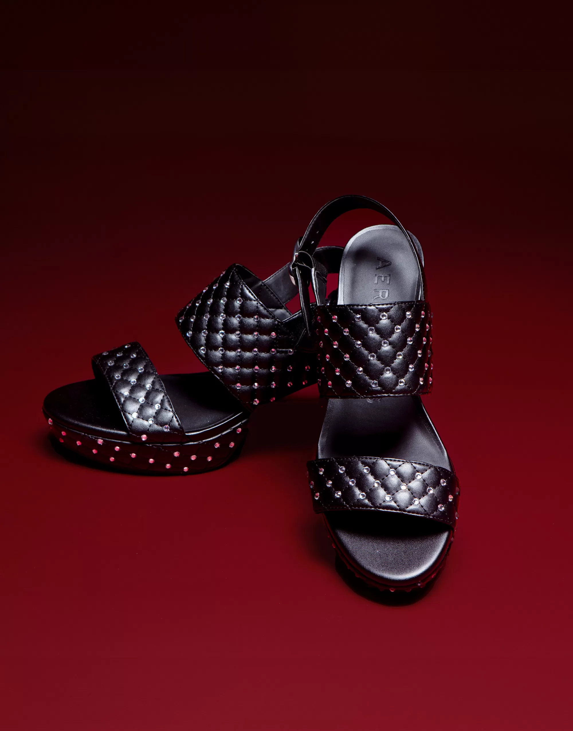 Aerosoles Platforms | Platforms*Comfortable Women's Platform Sandal in Black Quilted Faux Leather With Crystals