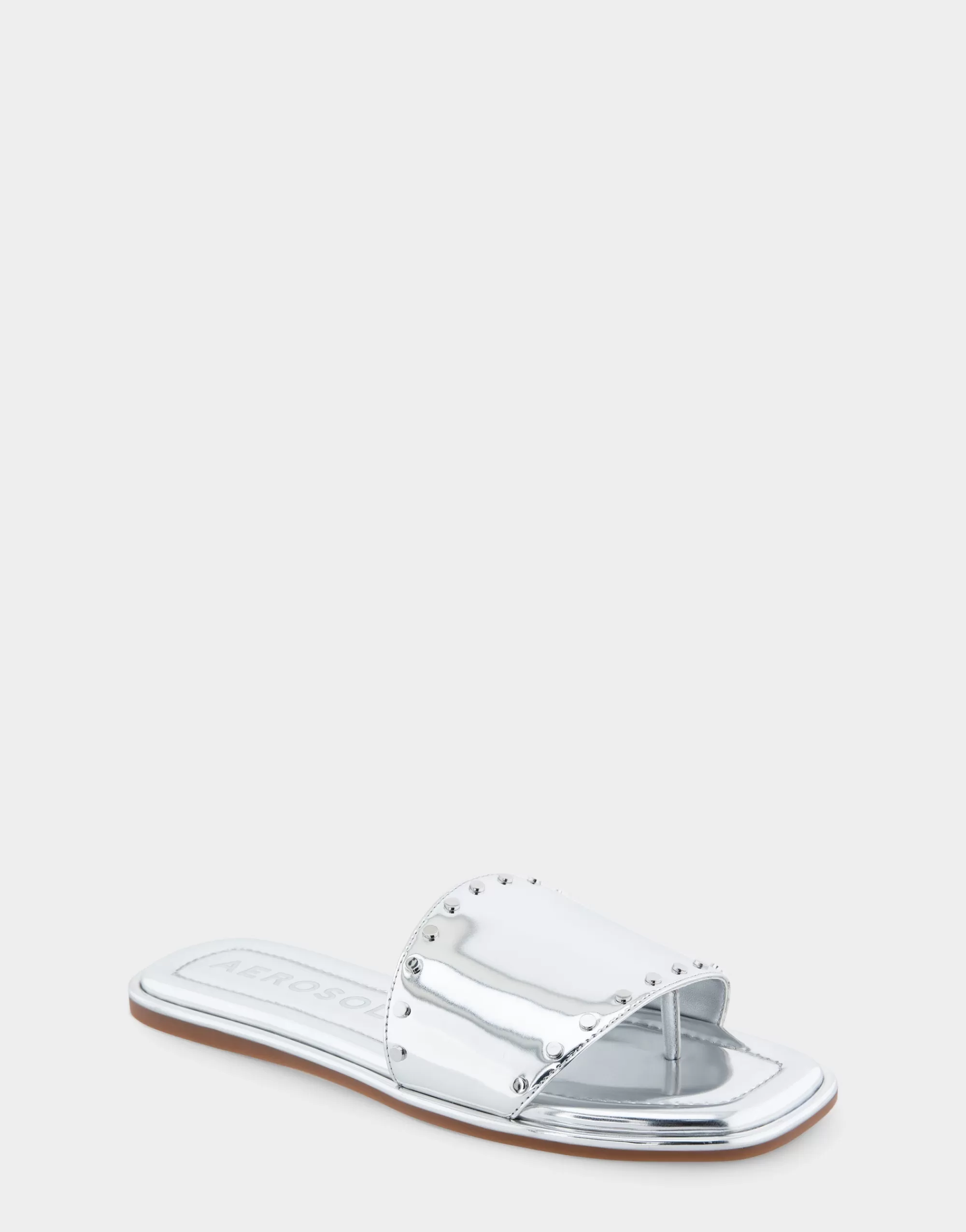 Aerosoles Slides | Flats*Comfortable Women's Single Band Slide Sandal in Silver Mirror Metallic Leather