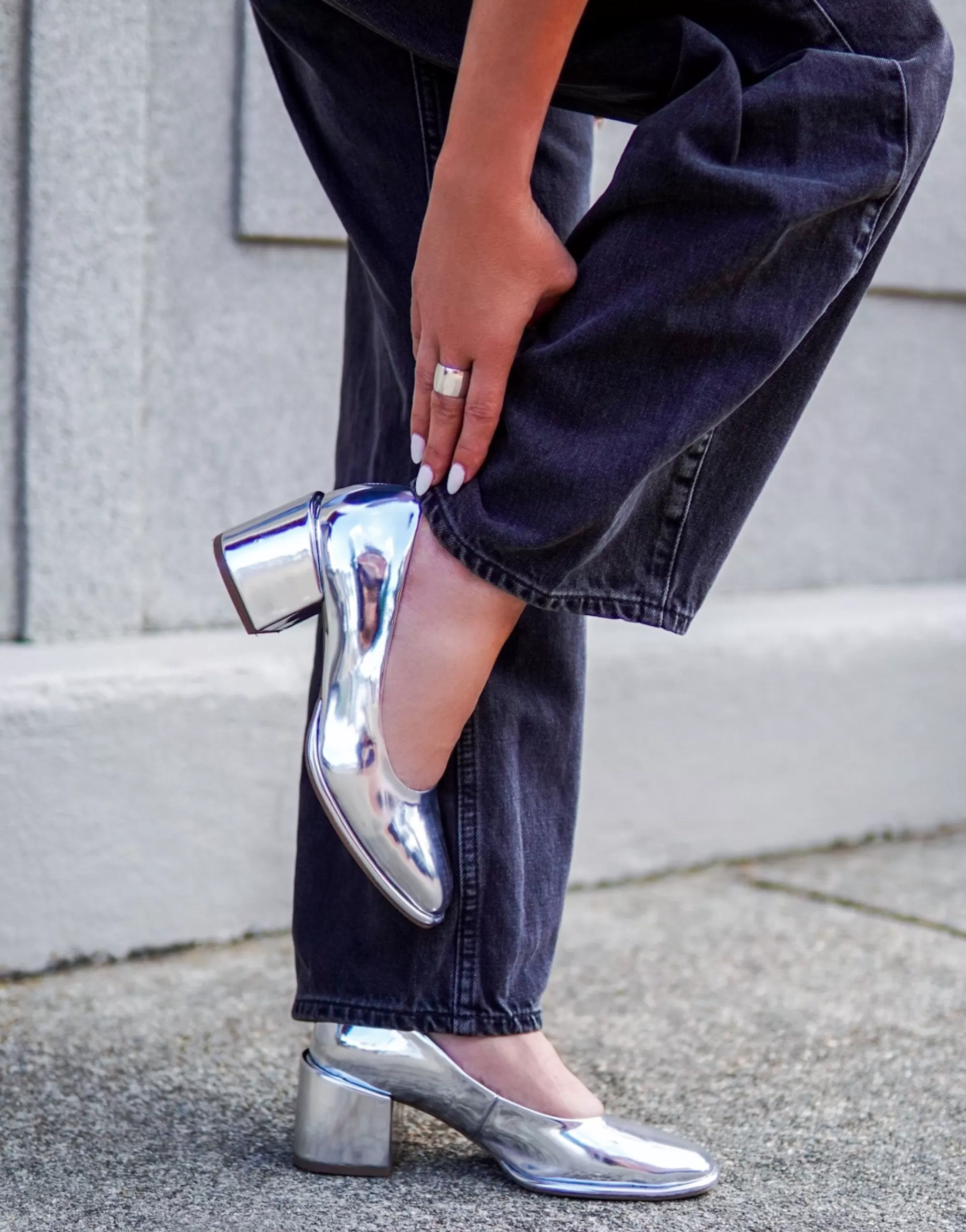 Aerosoles Pumps*Comfortable Women's Soft Square Toe Block Heel Pump in Silver Mirror Metallic Faux Leather Faux Leather