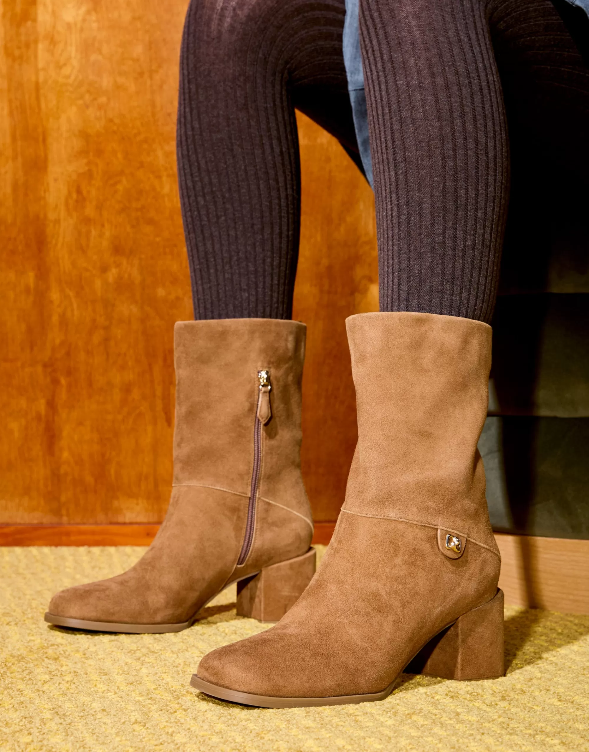 Aerosoles Heeled Boots | Ankle Boots*Comfortable Women's Square Toe Slip On Block Heel Mid Calf Bootie in Tobacco Suede Suede